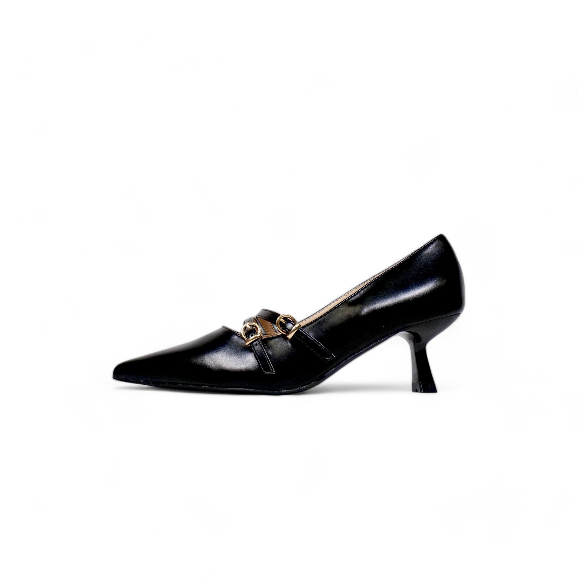 Zapatos tacón bajo medio punta fina y doble correa con hebilla dorada