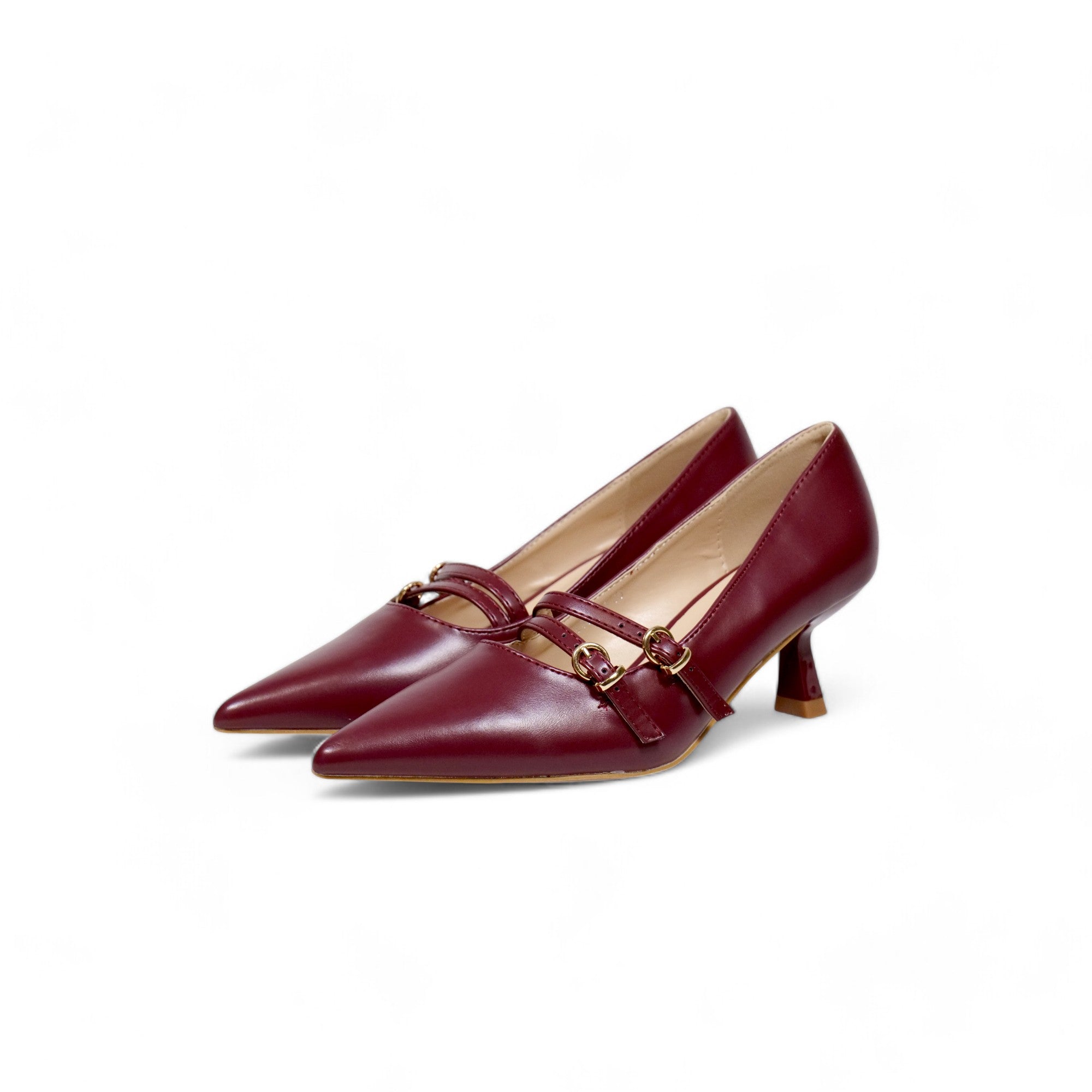 Zapatos tacón bajo medio punta fina y doble correa con hebilla dorada