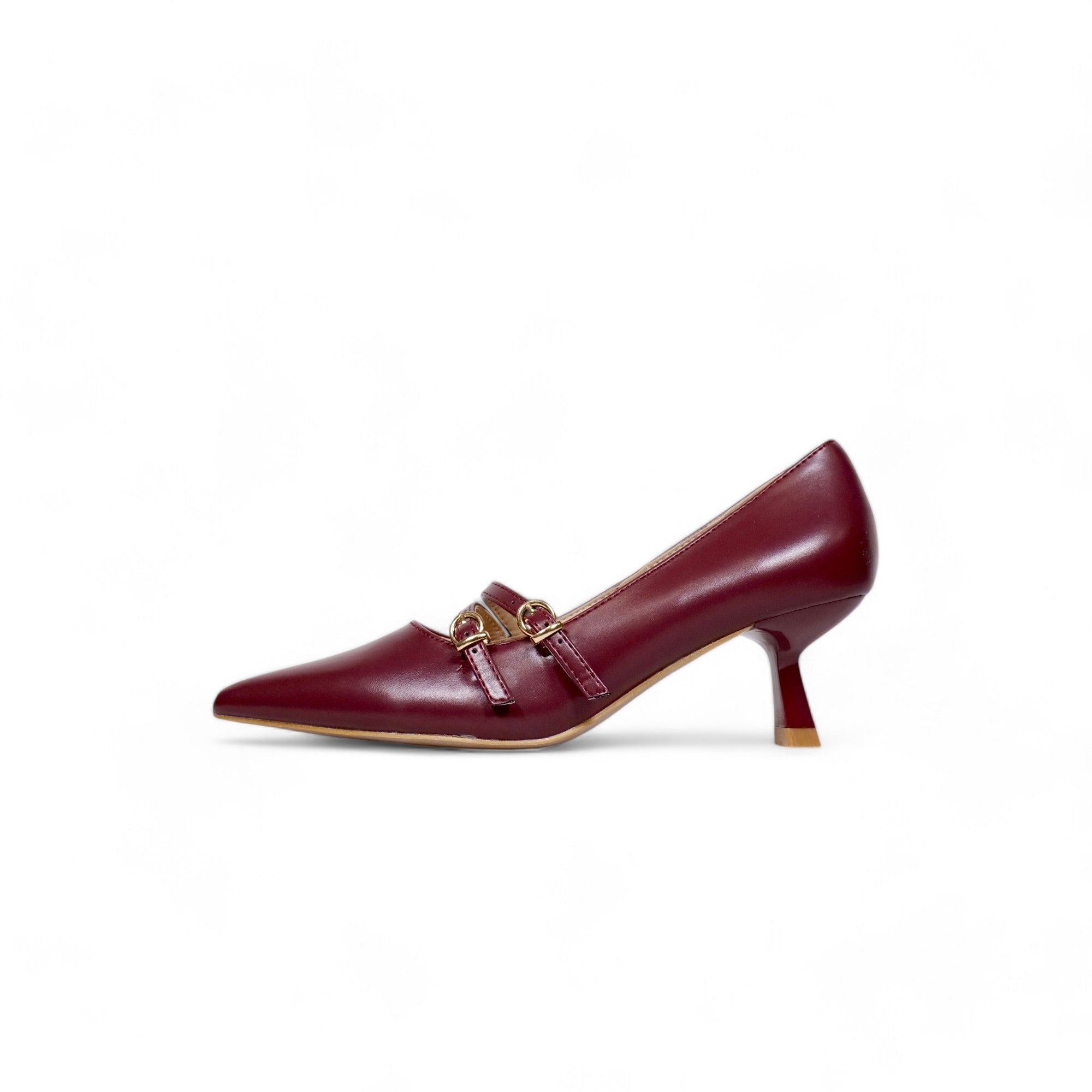 Zapatos tacón bajo medio punta fina y doble correa con hebilla dorada