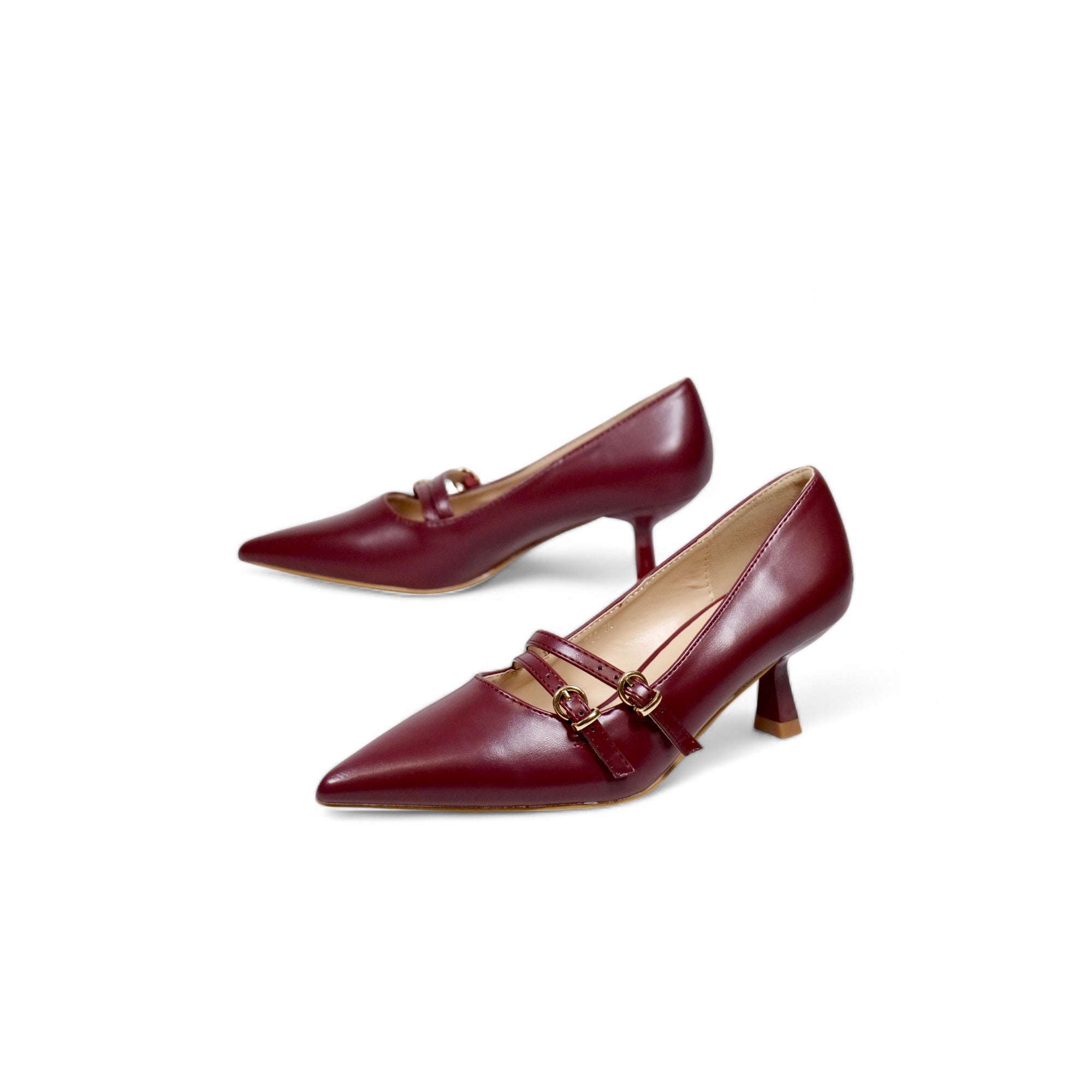 Zapatos tacón bajo medio punta fina y doble correa con hebilla dorada