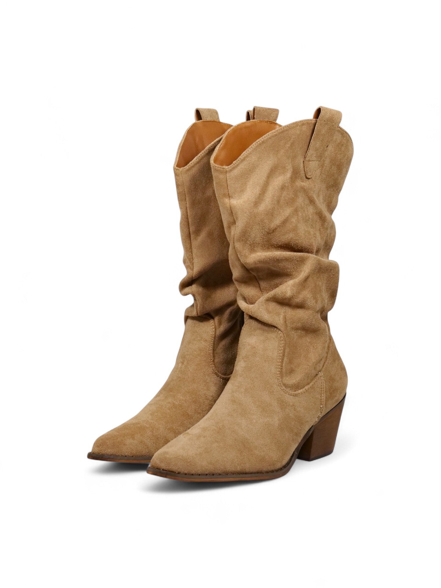 Botas cowboy de mujer en gamuza sintética y denim con caña fruncida, punta fina y tacón ancho medio – estilo western moderno en camel, negro y azul