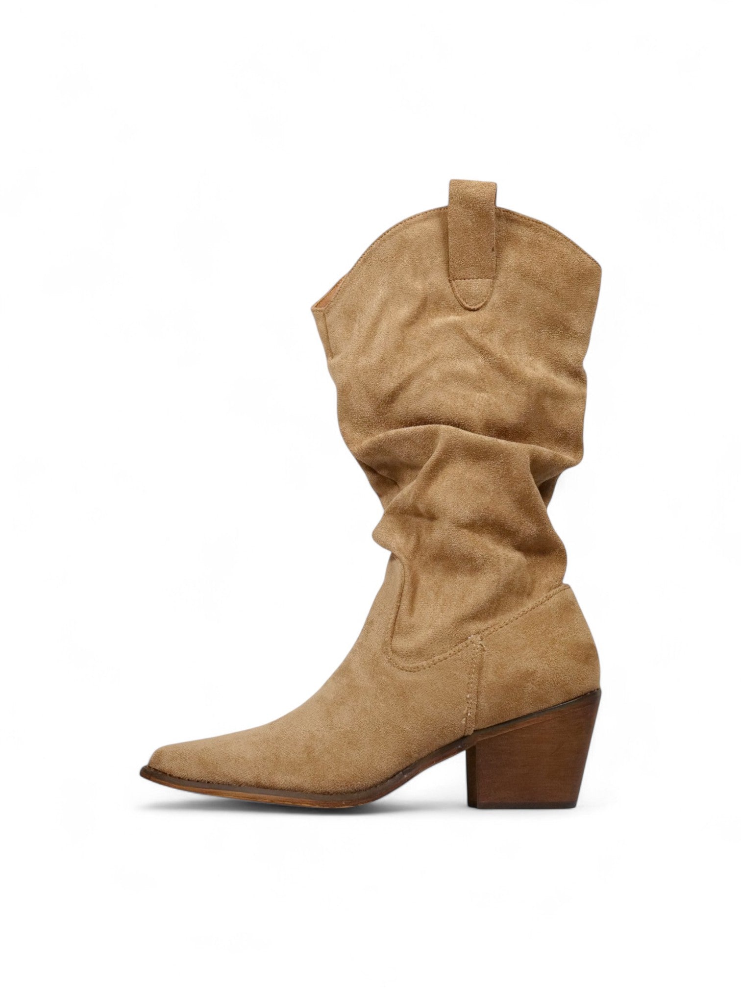 Botas cowboy de mujer en gamuza sintética y denim con caña fruncida, punta fina y tacón ancho medio – estilo western moderno en camel, negro y azul