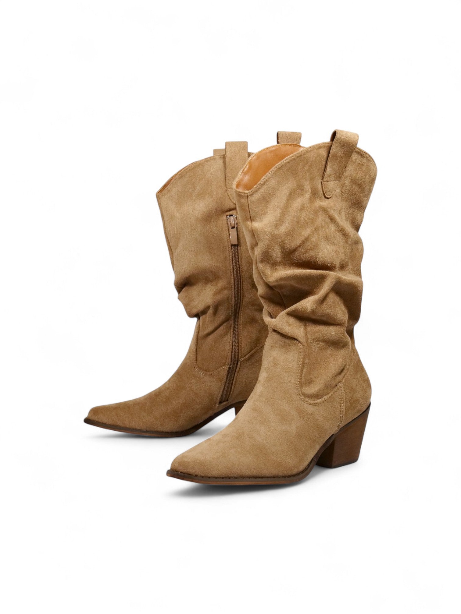 Botas cowboy de mujer en gamuza sintética y denim con caña fruncida, punta fina y tacón ancho medio – estilo western moderno en camel, negro y azul