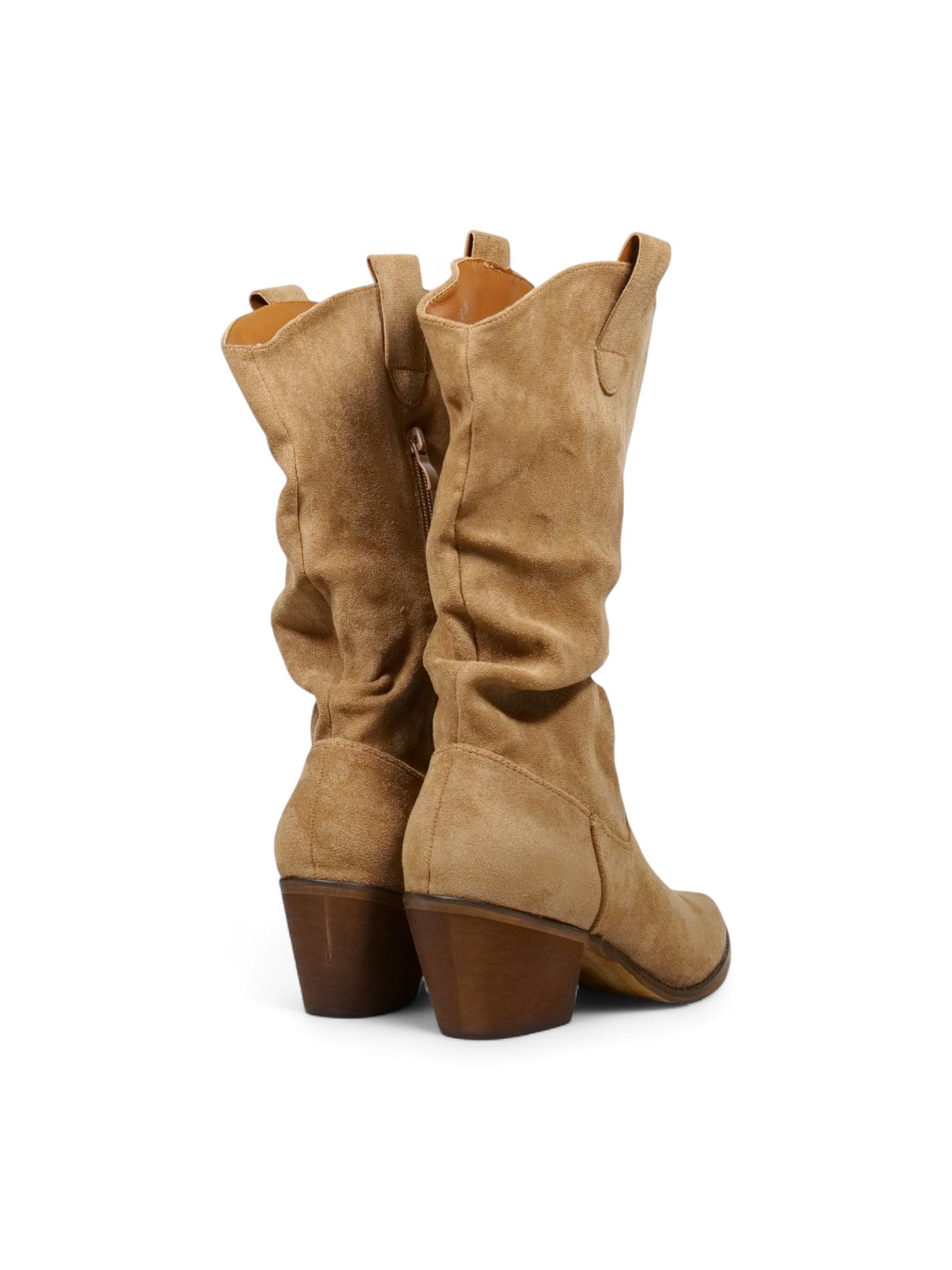 Botas cowboy de mujer en gamuza sintética y denim con caña fruncida, punta fina y tacón ancho medio – estilo western moderno en camel, negro y azul