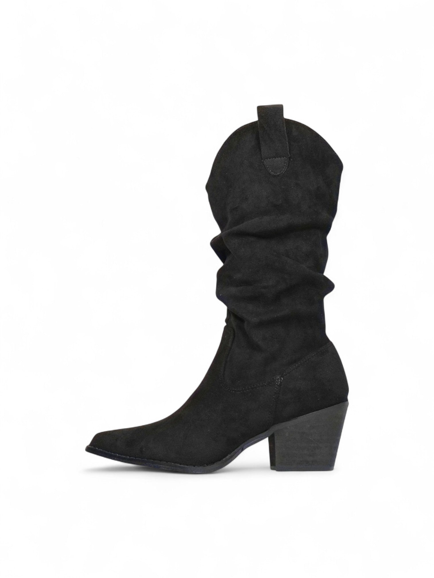 Botas cowboy de mujer en gamuza sintética y denim con caña fruncida, punta fina y tacón ancho medio – estilo western moderno en camel, negro y azul