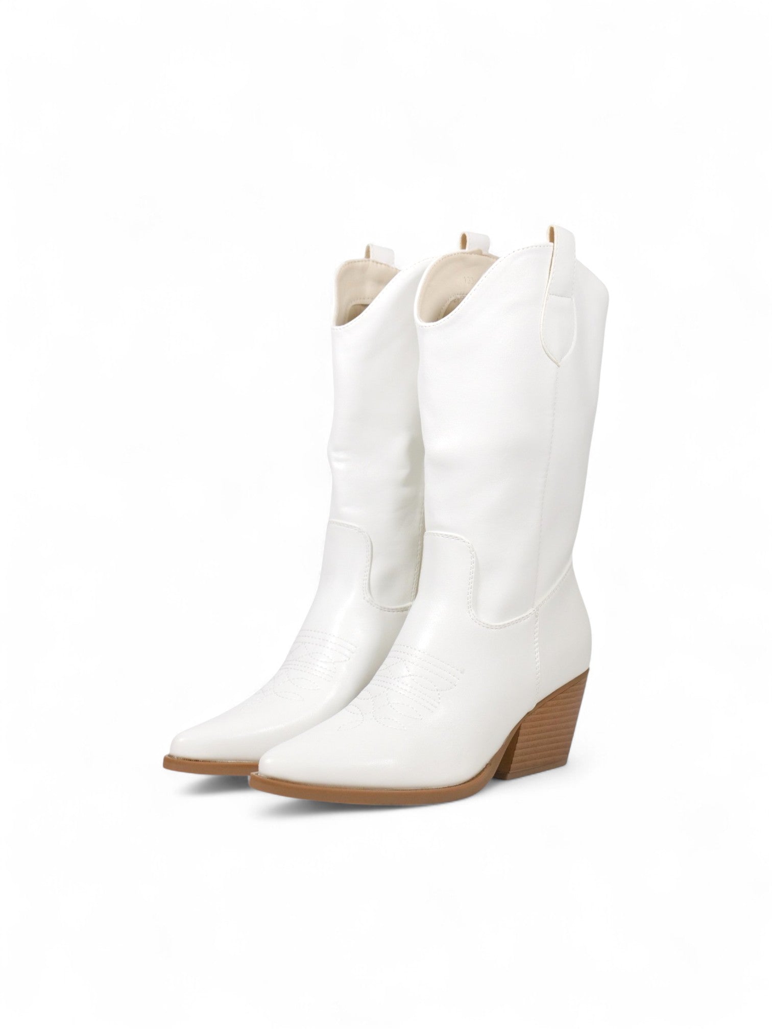 Botas cowboy de mujer en cuero sintético con bordado decorativo, punta fina y tacón medio ancho – estilo western moderno en color blanco y negro