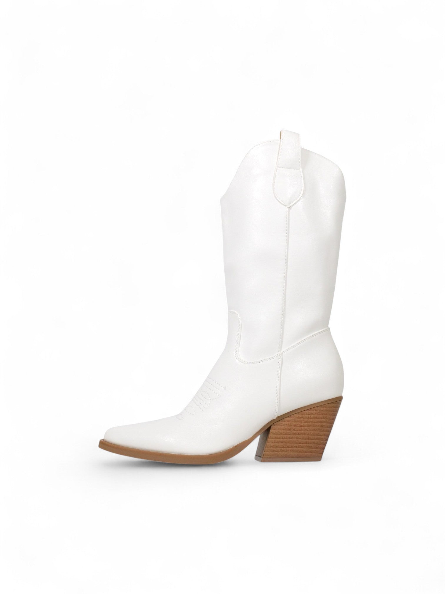 Botas cowboy de mujer en cuero sintético con bordado decorativo, punta fina y tacón medio ancho – estilo western moderno en color blanco y negro