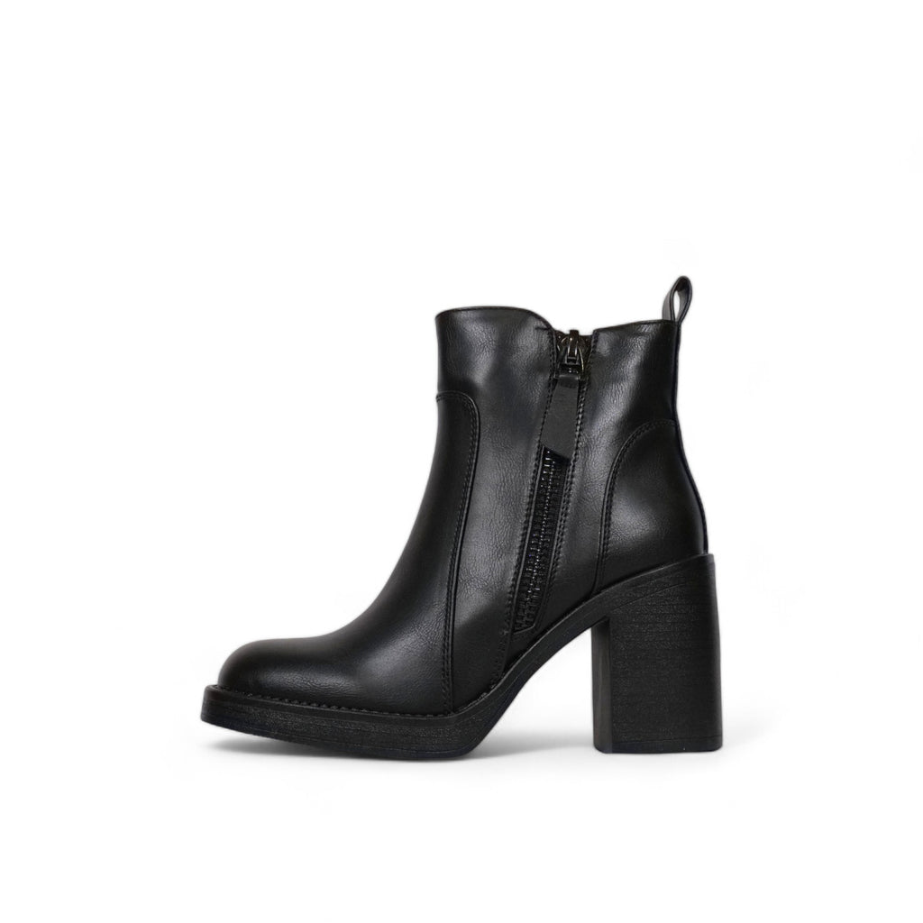 Botín mujer de cuero sintético negro con tacón alto grueso, doble cierre lateral y punta redonda – diseño cómodo para looks casuales y elegantes