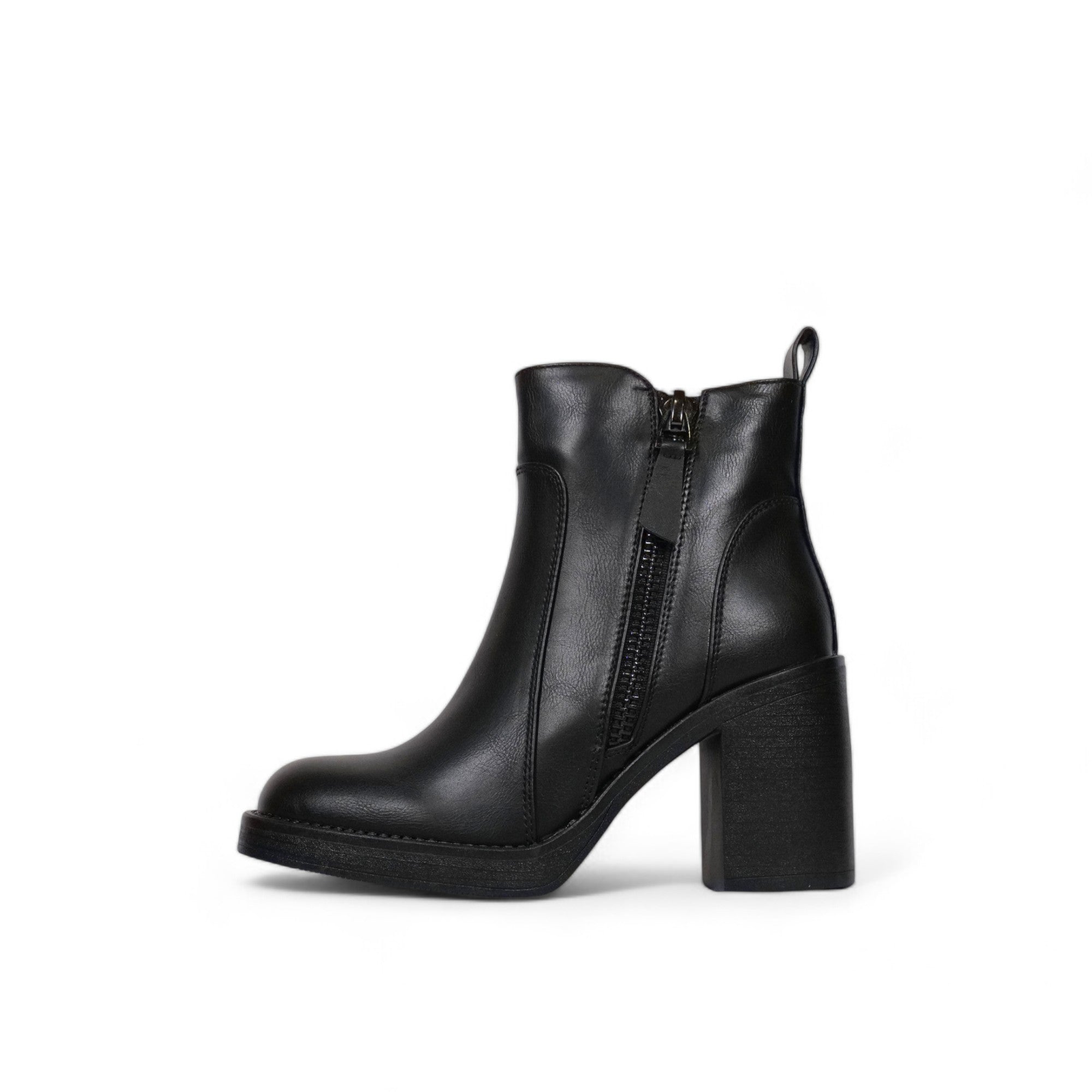 Botín mujer de cuero sintético negro con tacón alto grueso, doble cierre lateral y punta redonda – diseño cómodo para looks casuales y elegantes
