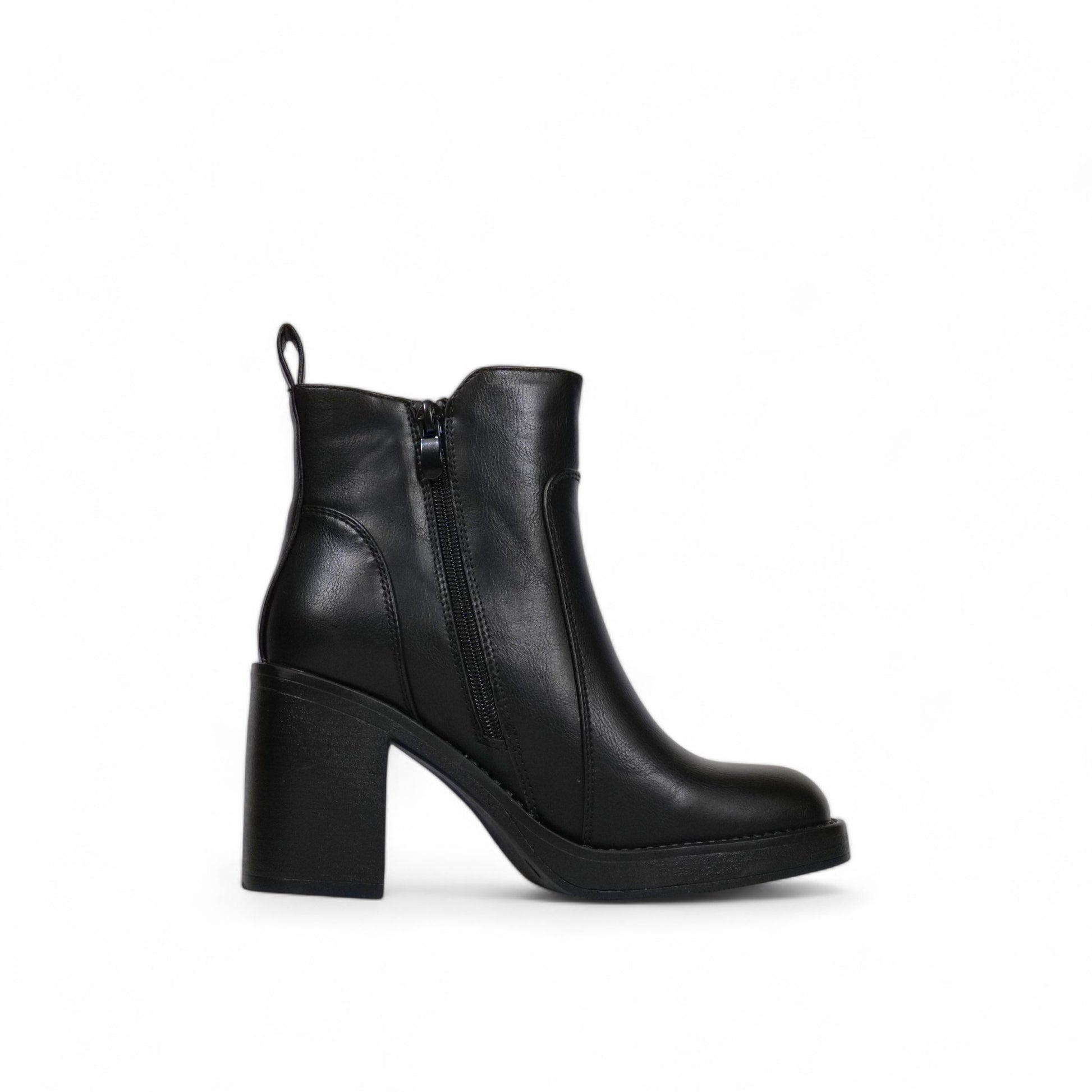 Botín mujer de cuero sintético negro con tacón alto grueso, doble cierre lateral y punta redonda – diseño cómodo para looks casuales y elegantes