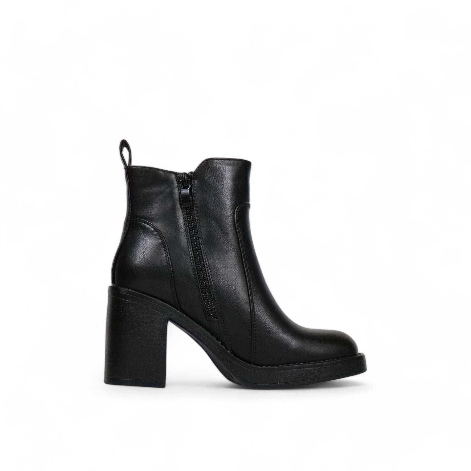 Botín mujer de cuero sintético negro con tacón alto grueso, doble cierre lateral y punta redonda – diseño cómodo para looks casuales y elegantes