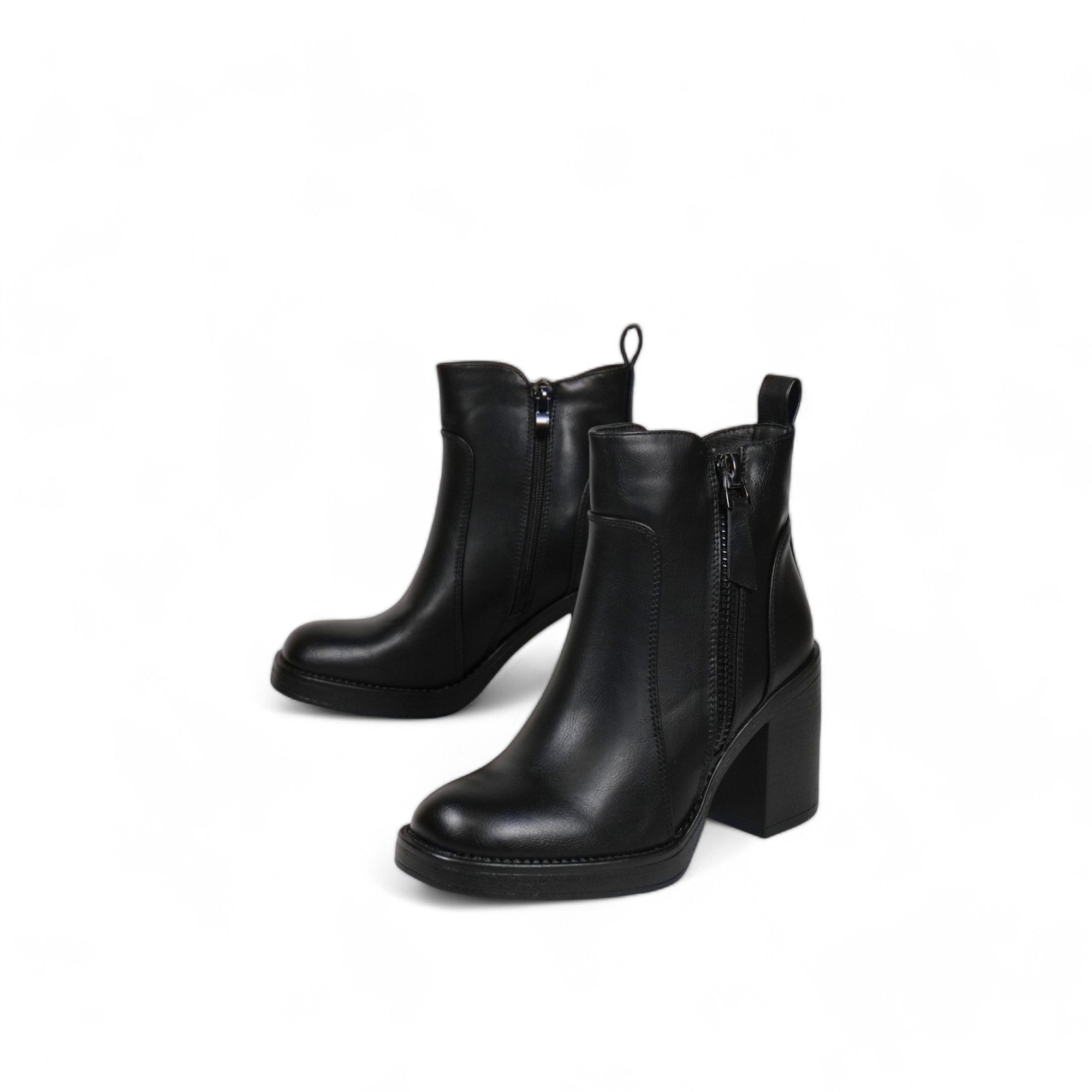 Botín mujer de cuero sintético negro con tacón alto grueso, doble cierre lateral y punta redonda – diseño cómodo para looks casuales y elegantes