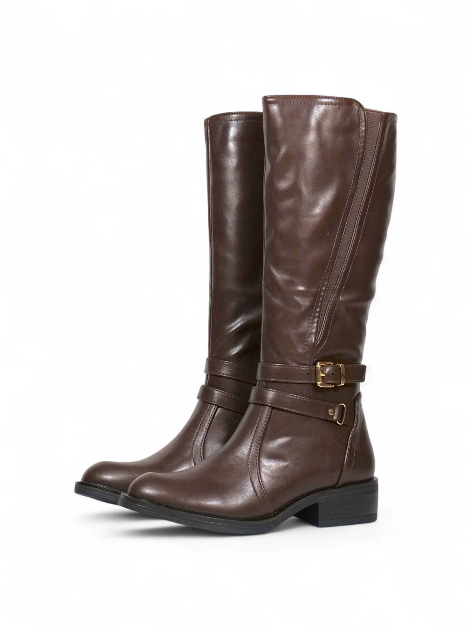 Botas altas mujer de cuero sintético con hebilla dorada decorativa y cierre lateral, tacón bajo cómodo, estilo elegante y versátil disponibles en blanco y marrón chocolate
