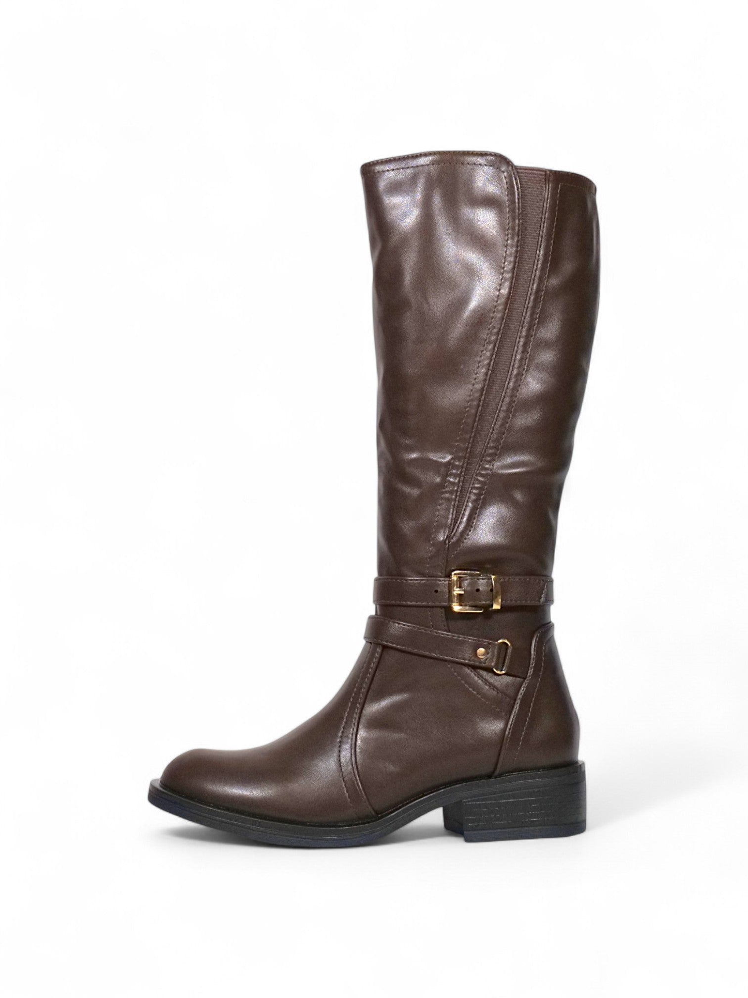 Botas altas mujer de cuero sintético con hebilla dorada decorativa y cierre lateral, tacón bajo cómodo, estilo elegante y versátil disponibles en blanco y marrón chocolate