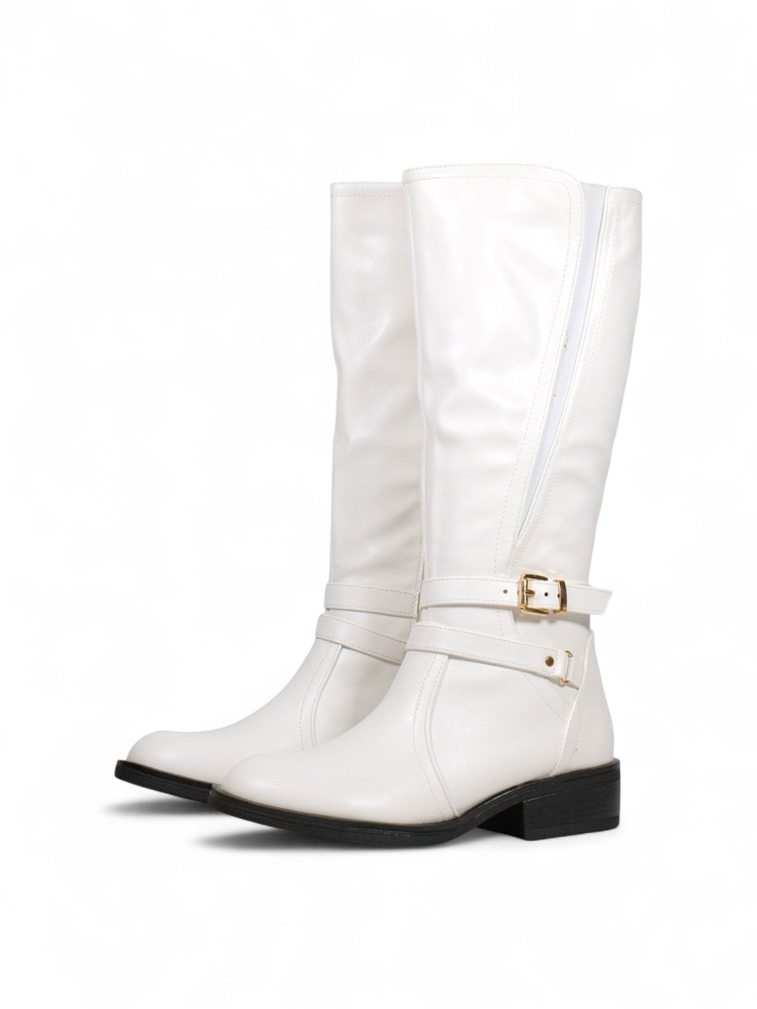 Botas altas mujer de cuero sintético con hebilla dorada decorativa y cierre lateral, tacón bajo cómodo, estilo elegante y versátil disponibles en blanco y marrón chocolate