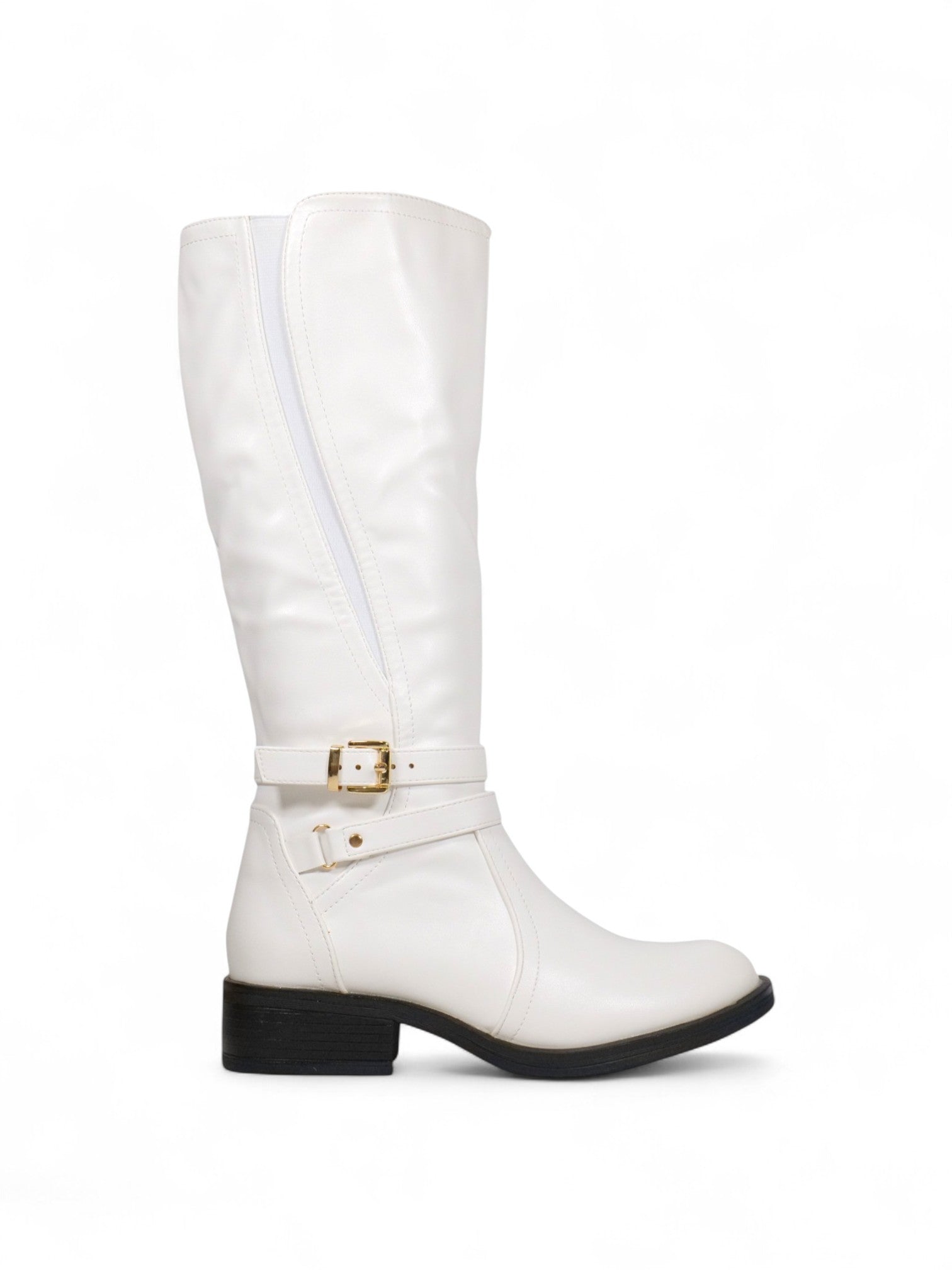Botas altas mujer de cuero sintético con hebilla dorada decorativa y cierre lateral, tacón bajo cómodo, estilo elegante y versátil disponibles en blanco y marrón chocolate
