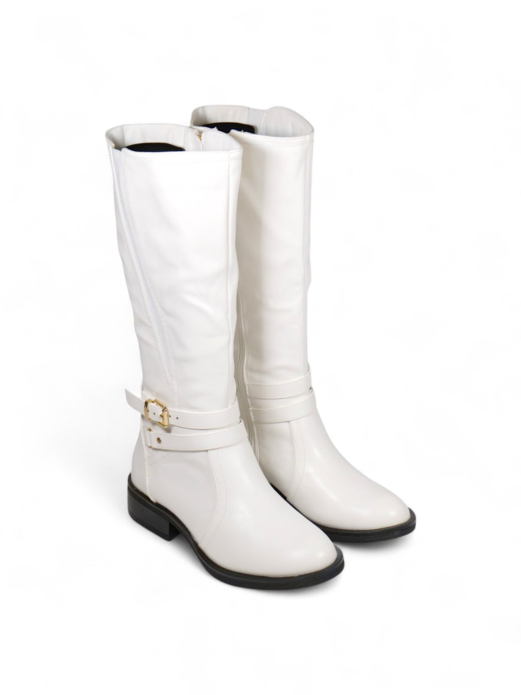 Botas altas mujer de cuero sintético con hebilla dorada decorativa y cierre lateral, tacón bajo cómodo, estilo elegante y versátil disponibles en blanco y marrón chocolate