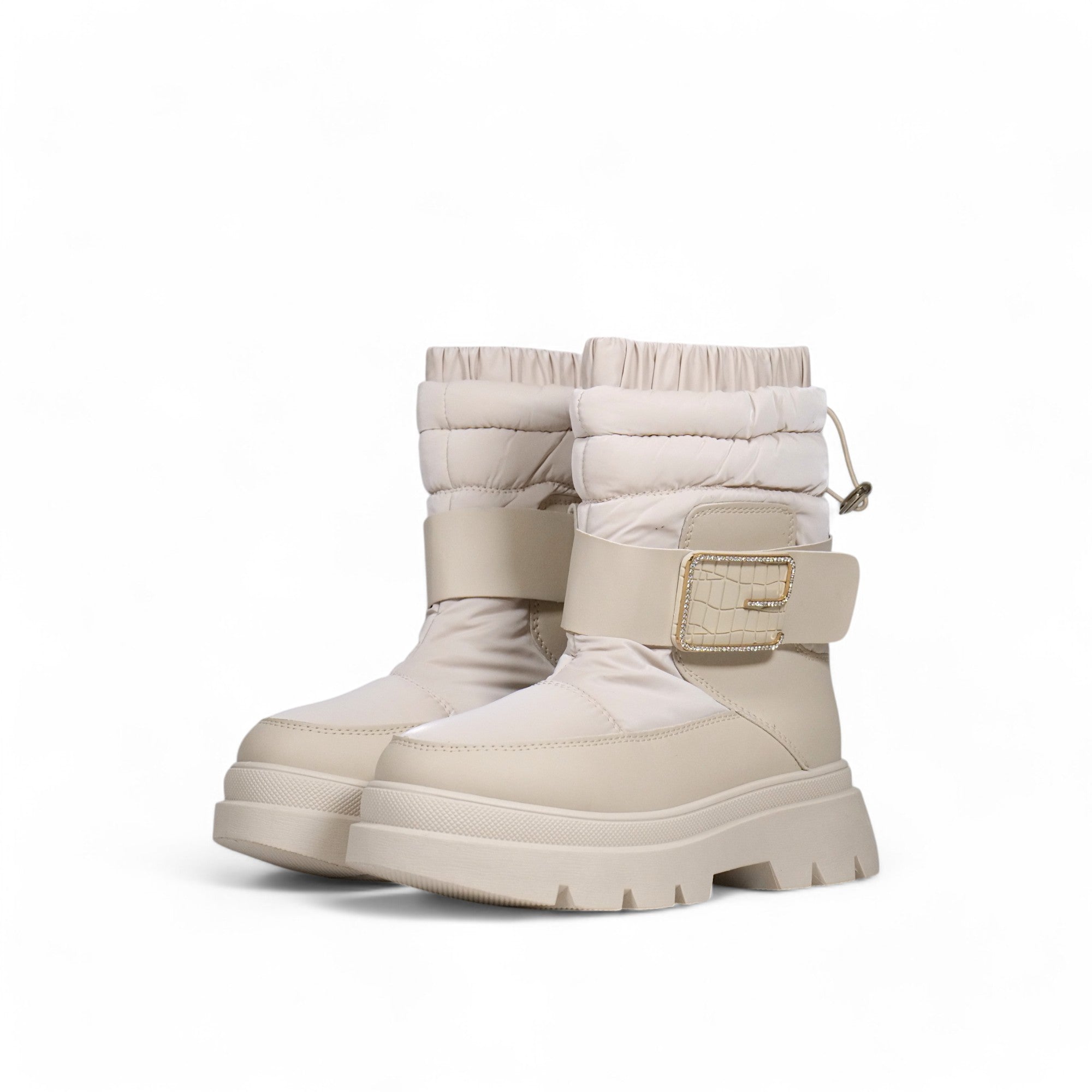 Bota invierno mujer acolchada en cuero sintético con suela chunky, caña ajustable y correa decorativa con hebilla – calzado cómodo y abrigado para días fríos