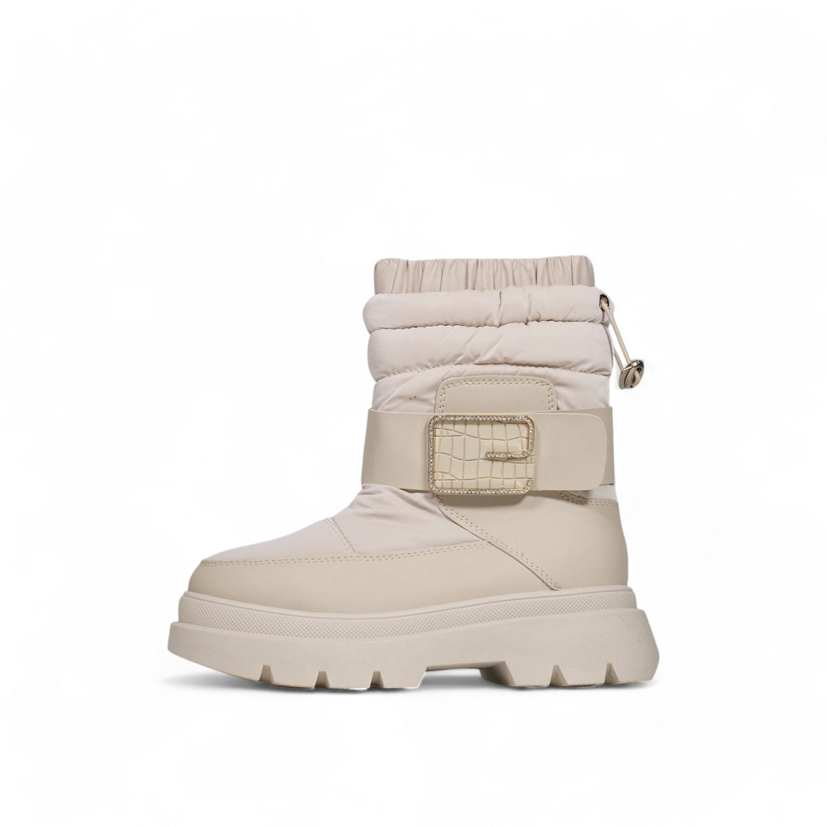 Bota invierno mujer acolchada en cuero sintético con suela chunky, caña ajustable y correa decorativa con hebilla – calzado cómodo y abrigado para días fríos