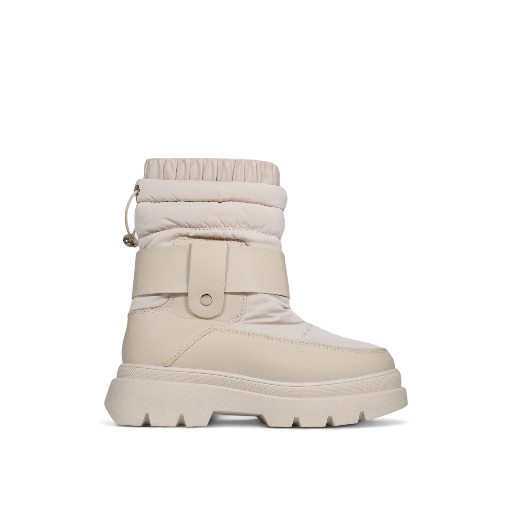 Bota invierno mujer acolchada en cuero sintético con suela chunky, caña ajustable y correa decorativa con hebilla – calzado cómodo y abrigado para días fríos