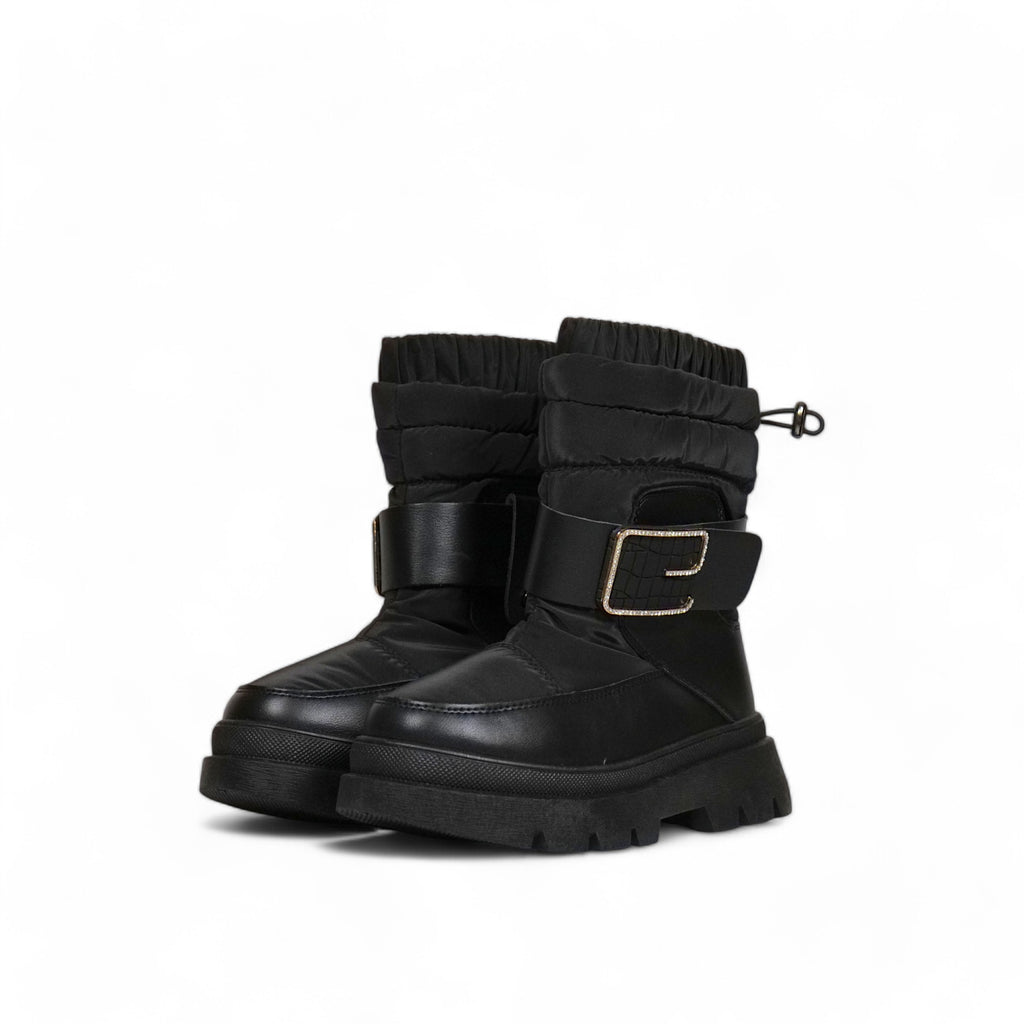 Bota invierno mujer acolchada en cuero sintético con suela chunky, caña ajustable y correa decorativa con hebilla – calzado cómodo y abrigado para días fríos