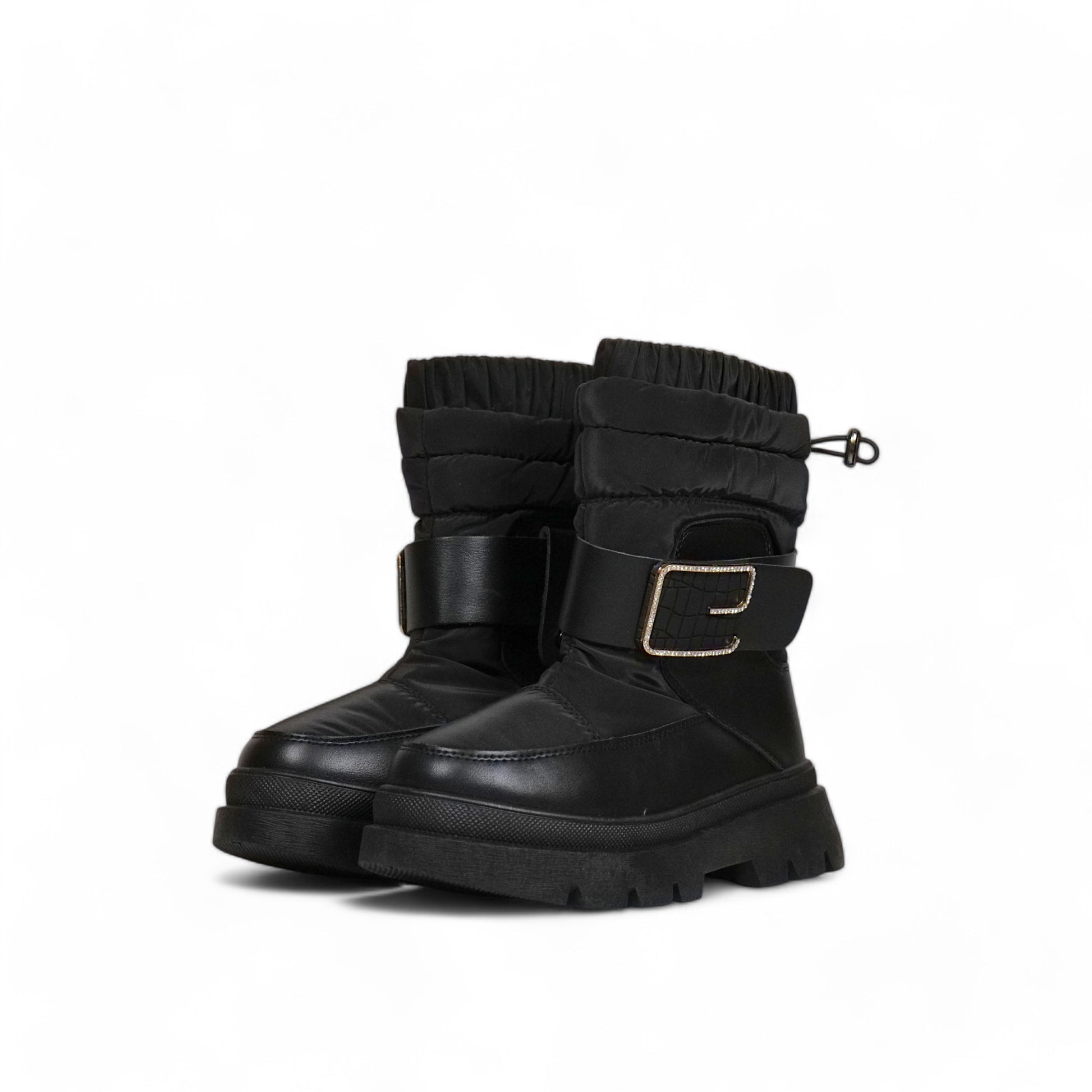 Bota invierno mujer acolchada en cuero sintético con suela chunky, caña ajustable y correa decorativa con hebilla – calzado cómodo y abrigado para días fríos