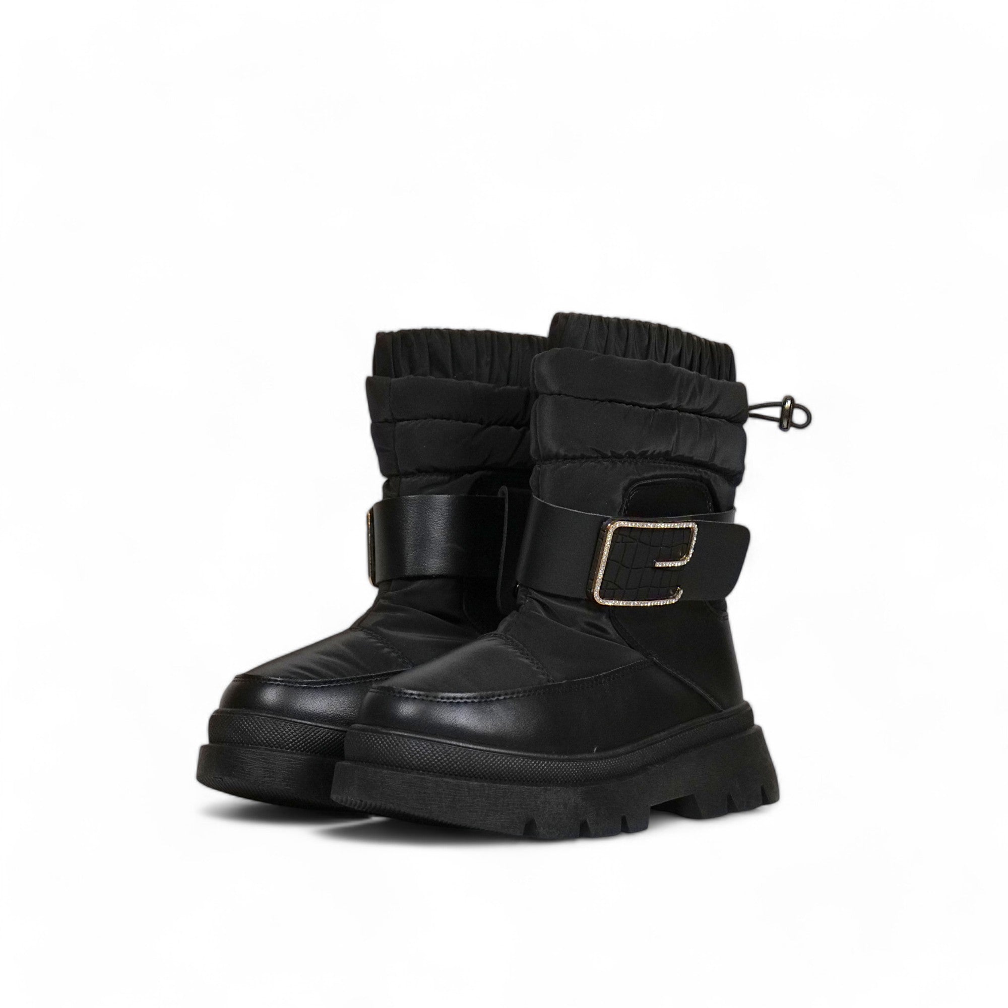 Bota invierno mujer acolchada en cuero sintético con suela chunky, caña ajustable y correa decorativa con hebilla – calzado cómodo y abrigado para días fríos