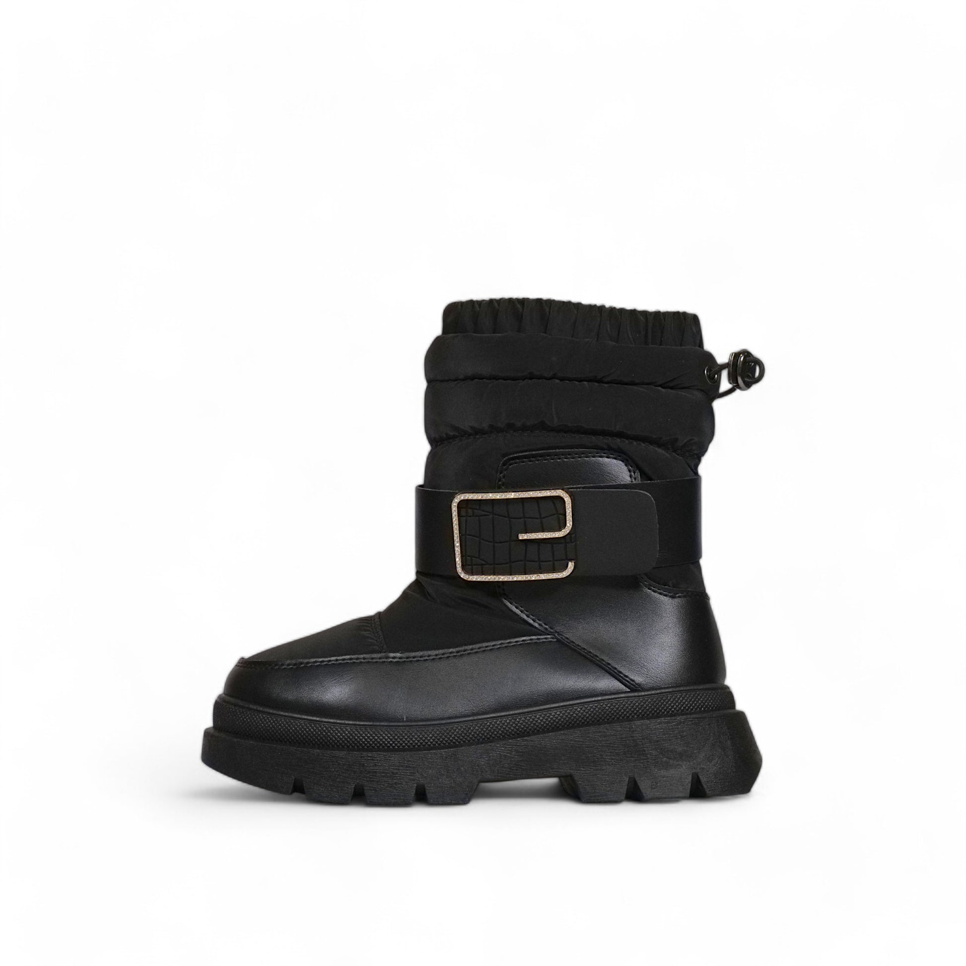 Bota invierno mujer acolchada en cuero sintético con suela chunky, caña ajustable y correa decorativa con hebilla – calzado cómodo y abrigado para días fríos