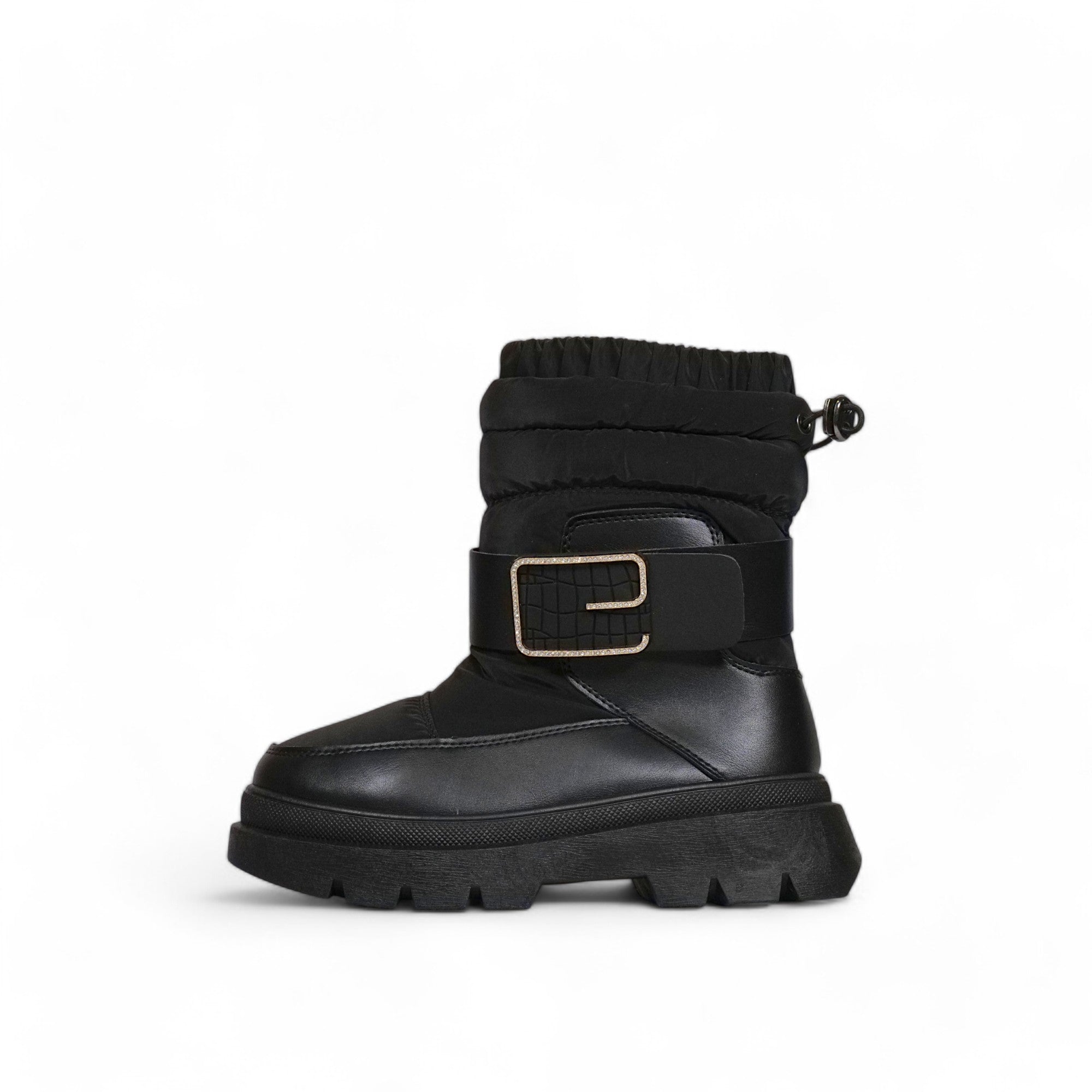 Bota invierno mujer acolchada en cuero sintético con suela chunky, caña ajustable y correa decorativa con hebilla – calzado cómodo y abrigado para días fríos
