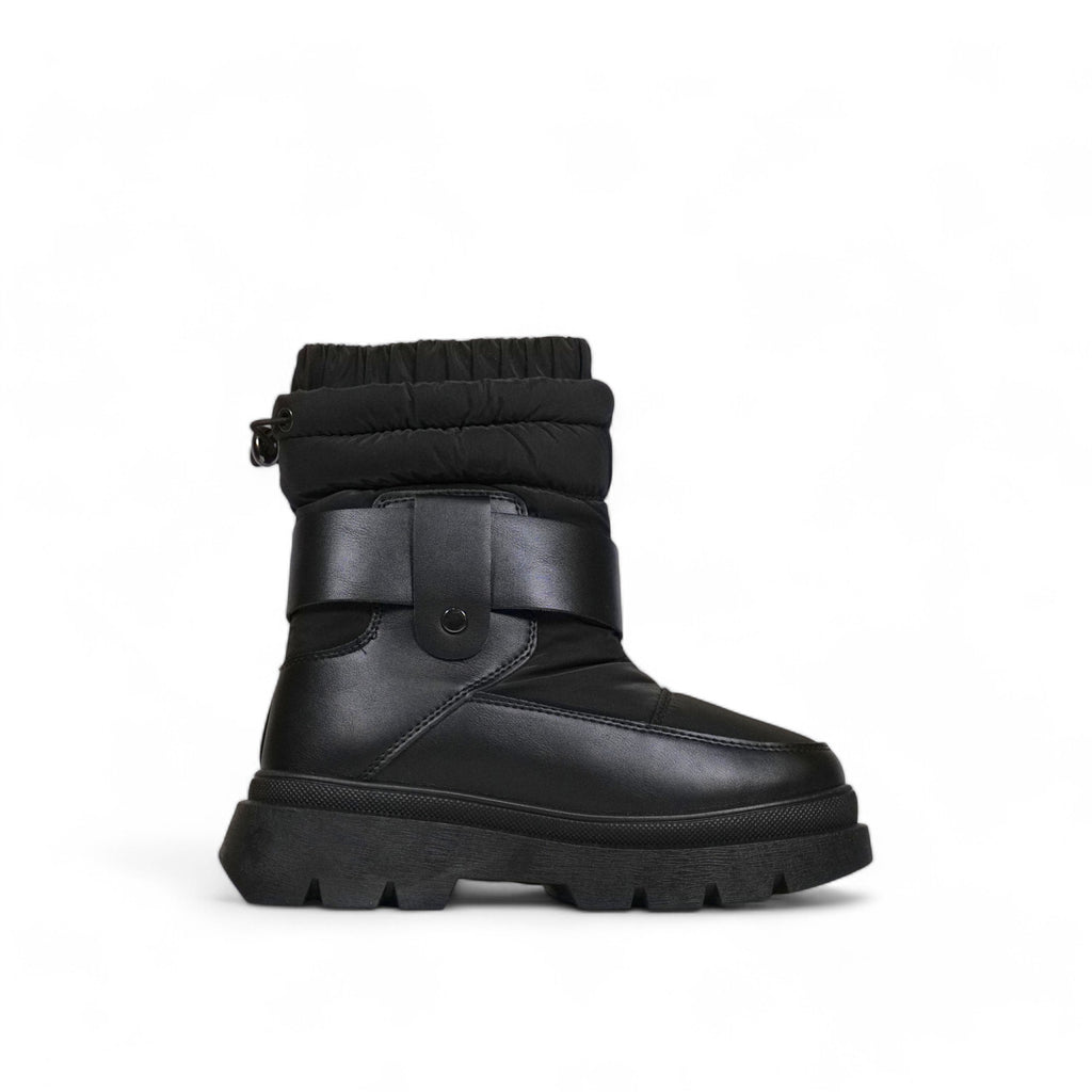 Bota invierno mujer acolchada en cuero sintético con suela chunky, caña ajustable y correa decorativa con hebilla – calzado cómodo y abrigado para días fríos
