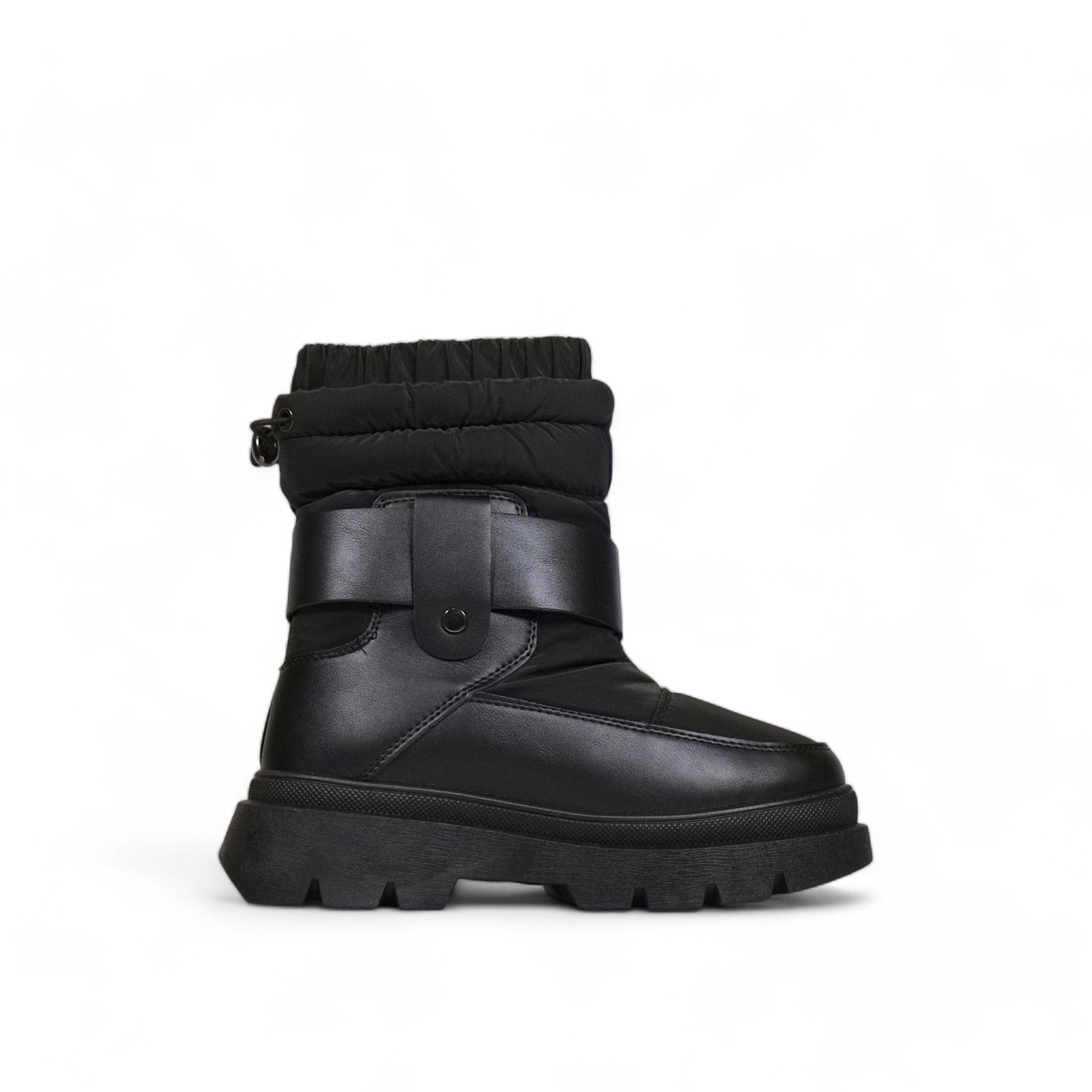 Bota invierno mujer acolchada en cuero sintético con suela chunky, caña ajustable y correa decorativa con hebilla – calzado cómodo y abrigado para días fríos