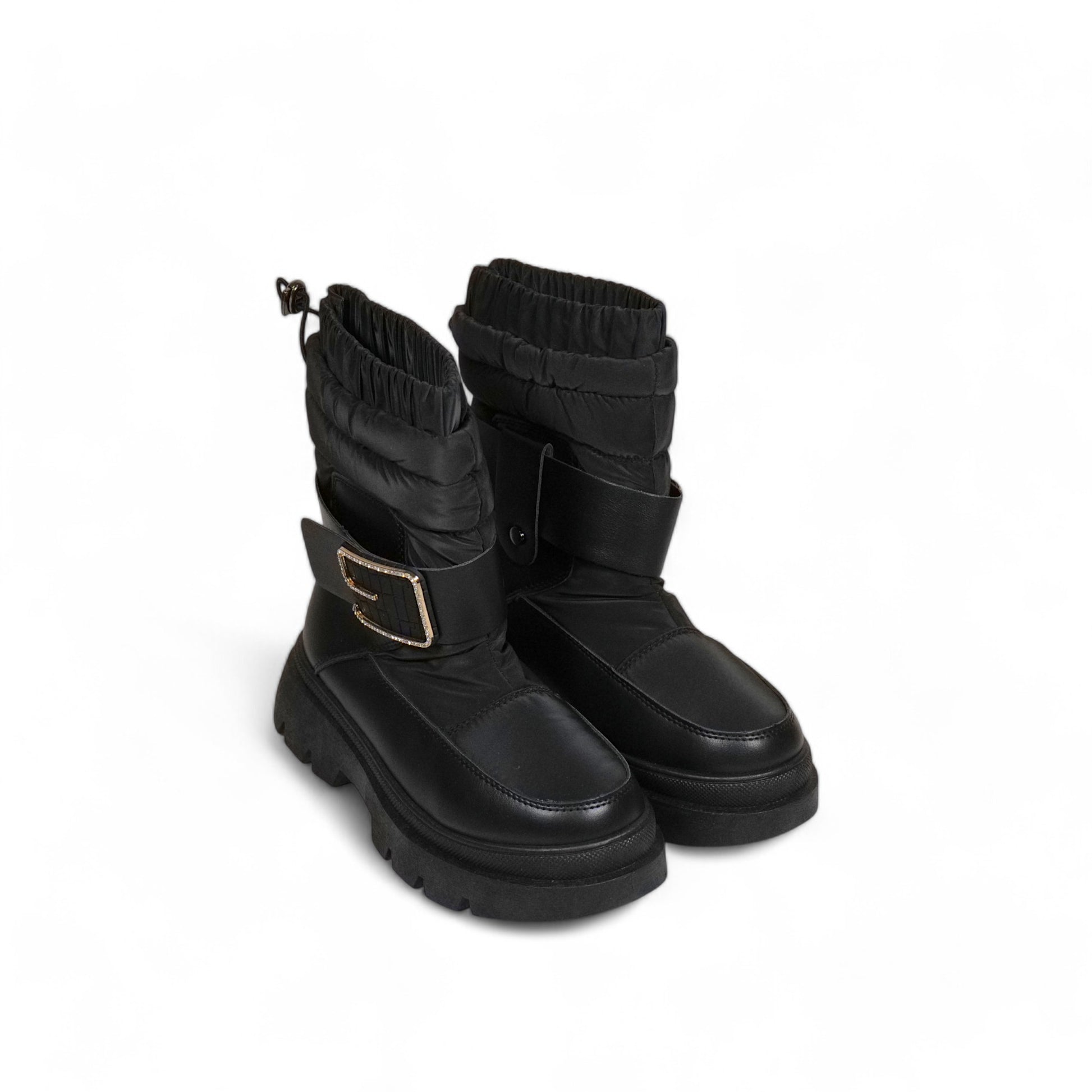 Bota invierno mujer acolchada en cuero sintético con suela chunky, caña ajustable y correa decorativa con hebilla – calzado cómodo y abrigado para días fríos