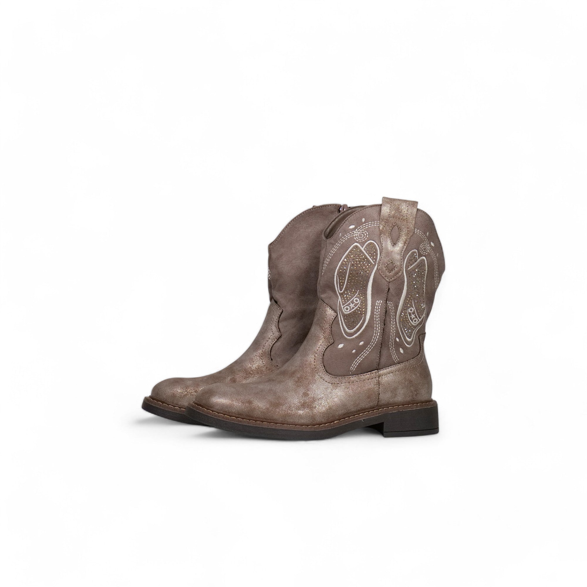 Bota mujer estilo western en cuero sintético con acabado envejecido, bordados decorativos y caña media – diseño cómodo para looks boho, casuales y urbanos