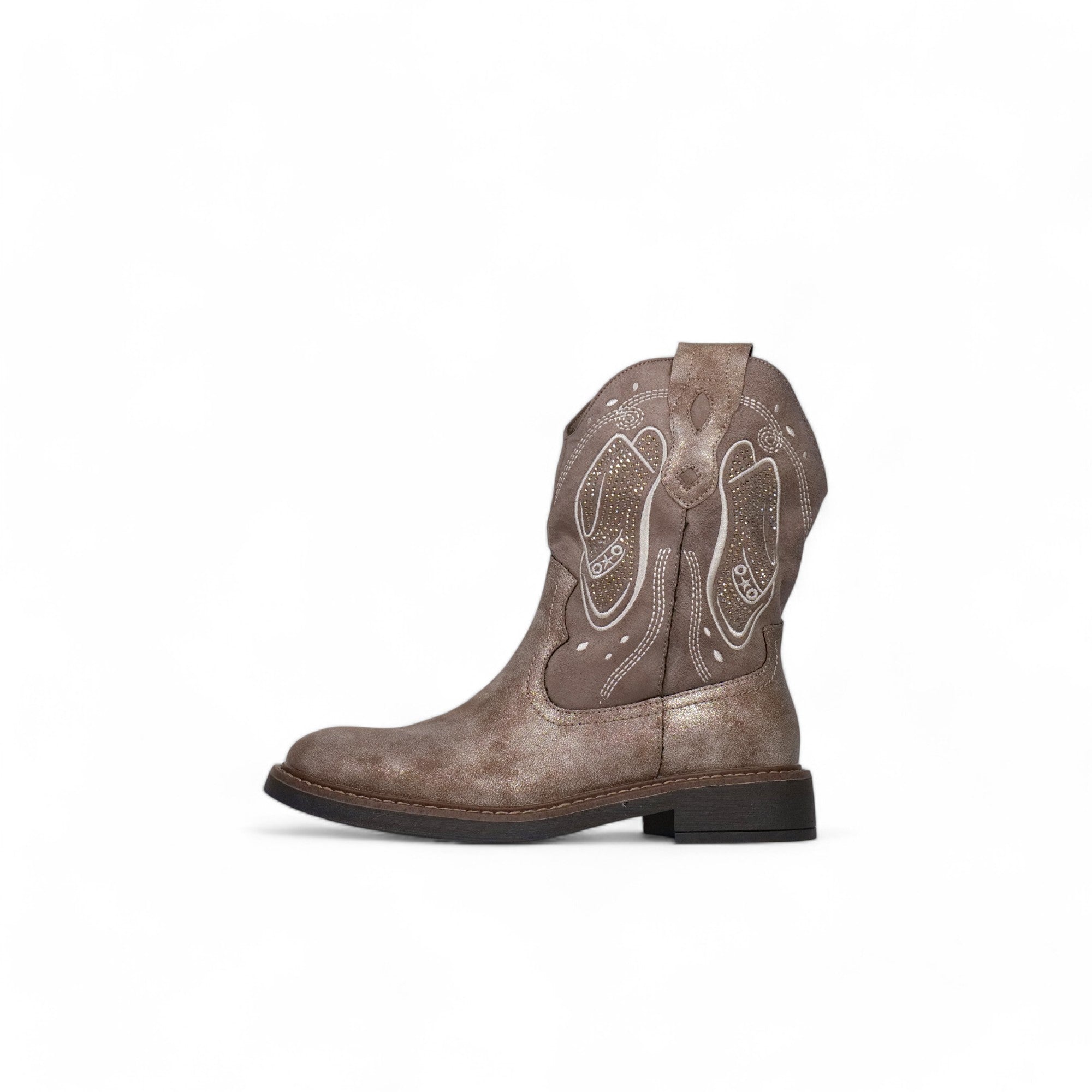 Bota mujer estilo western en cuero sintético con acabado envejecido, bordados decorativos y caña media – diseño cómodo para looks boho, casuales y urbanos