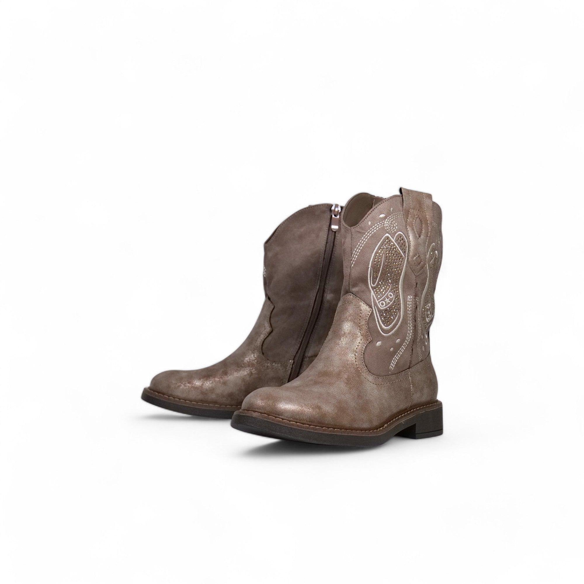 Bota mujer estilo western en cuero sintético con acabado envejecido, bordados decorativos y caña media – diseño cómodo para looks boho, casuales y urbanos