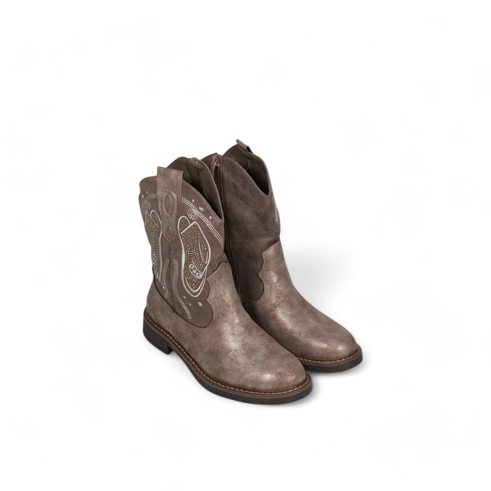 Bota mujer estilo western en cuero sintético con acabado envejecido, bordados decorativos y caña media – diseño cómodo para looks boho, casuales y urbanos