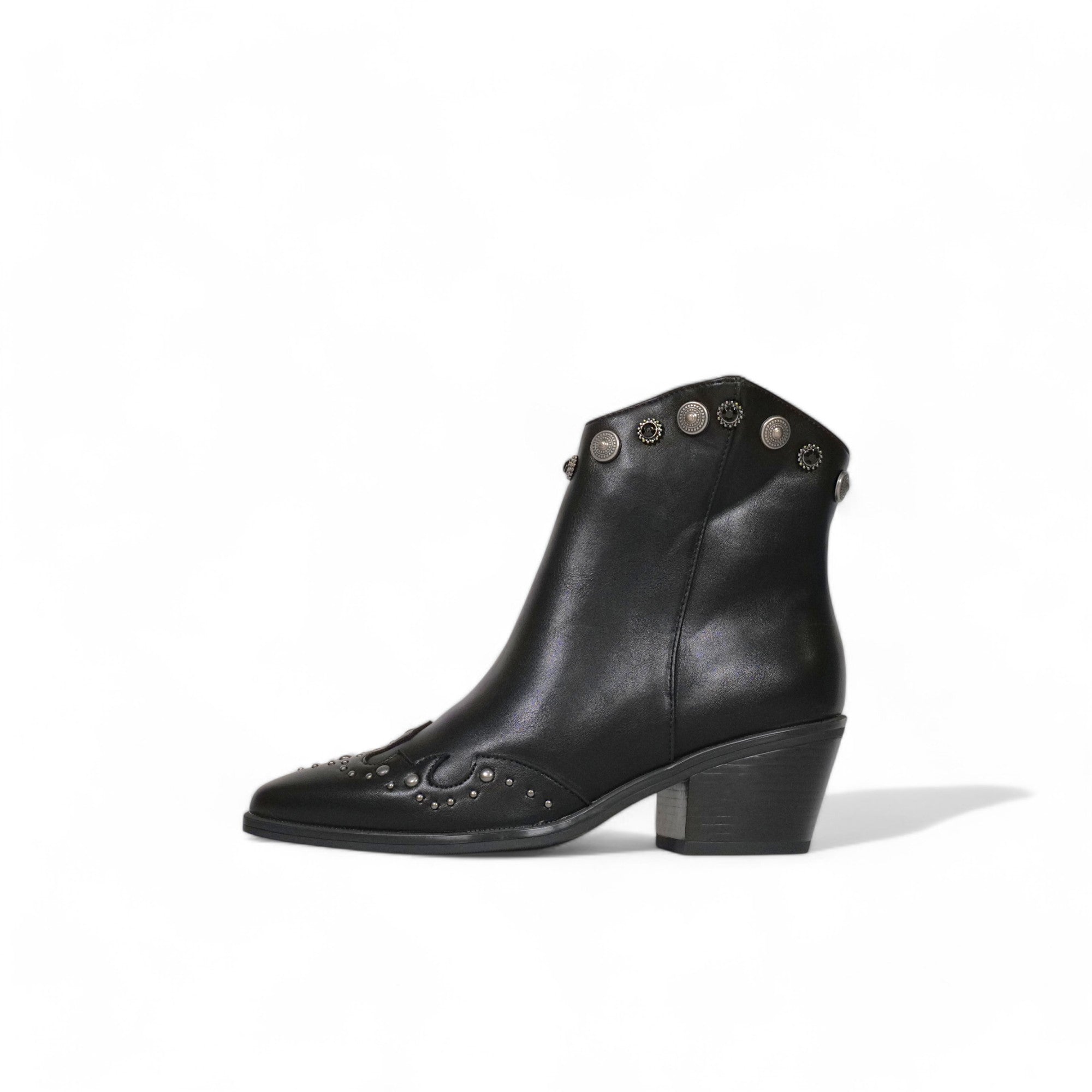 Botines cowboy de mujer estilo western con punta fina, tacón medio y tachuelas metálicas