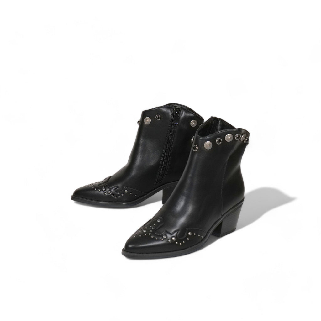 Botines cowboy de mujer estilo western con punta fina, tacón medio y tachuelas metálicas