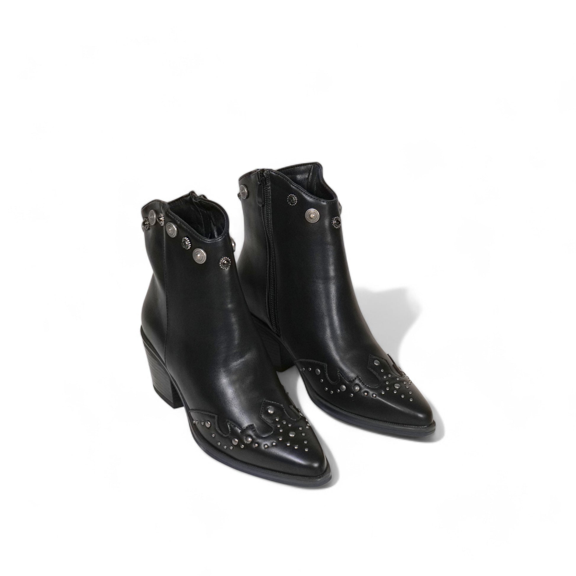 Botines cowboy de mujer estilo western con punta fina, tacón medio y tachuelas metálicas