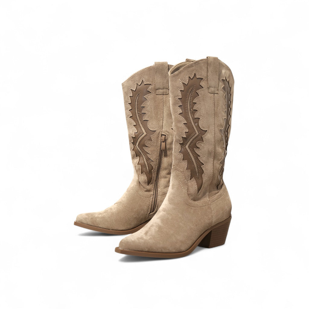 Botas cowboy de mujer altas estilo western con bordados y tacón medio en polipiel y ante sintético