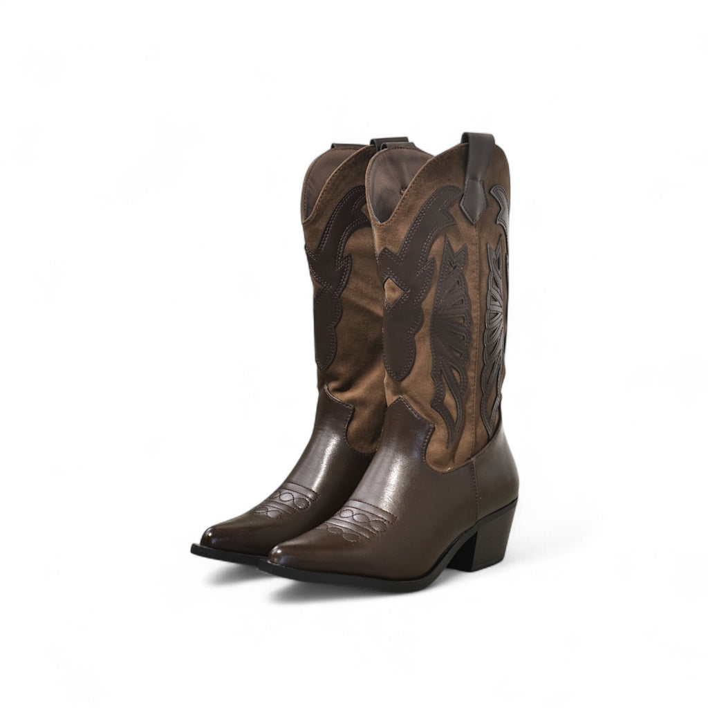 Botas cowboy de mujer altas estilo western con bordados y tacón medio en polipiel y ante sintético