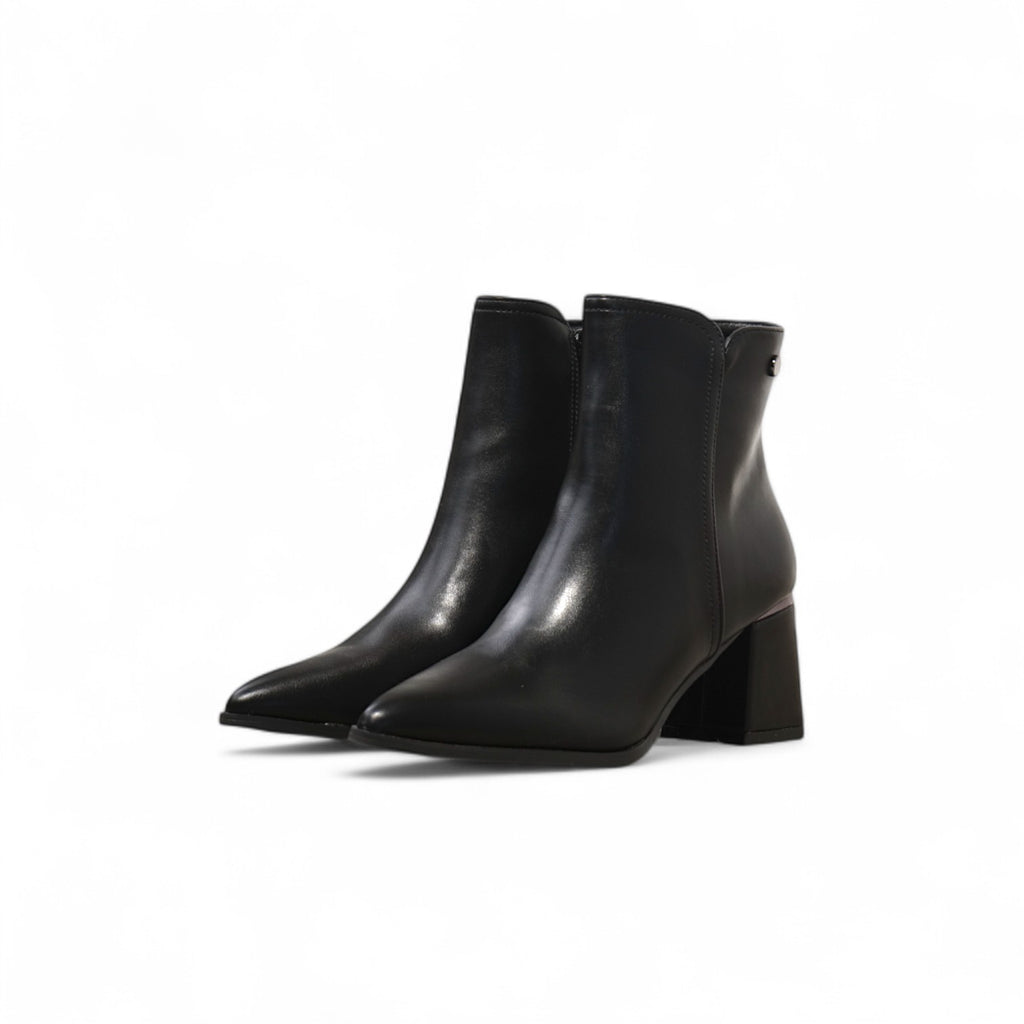 Botines de mujer elegantes punta fina tacón bloque medio cómodos de vestir en polipiel disponibles en negro y vino tinto, perfectos para looks casuales y formales