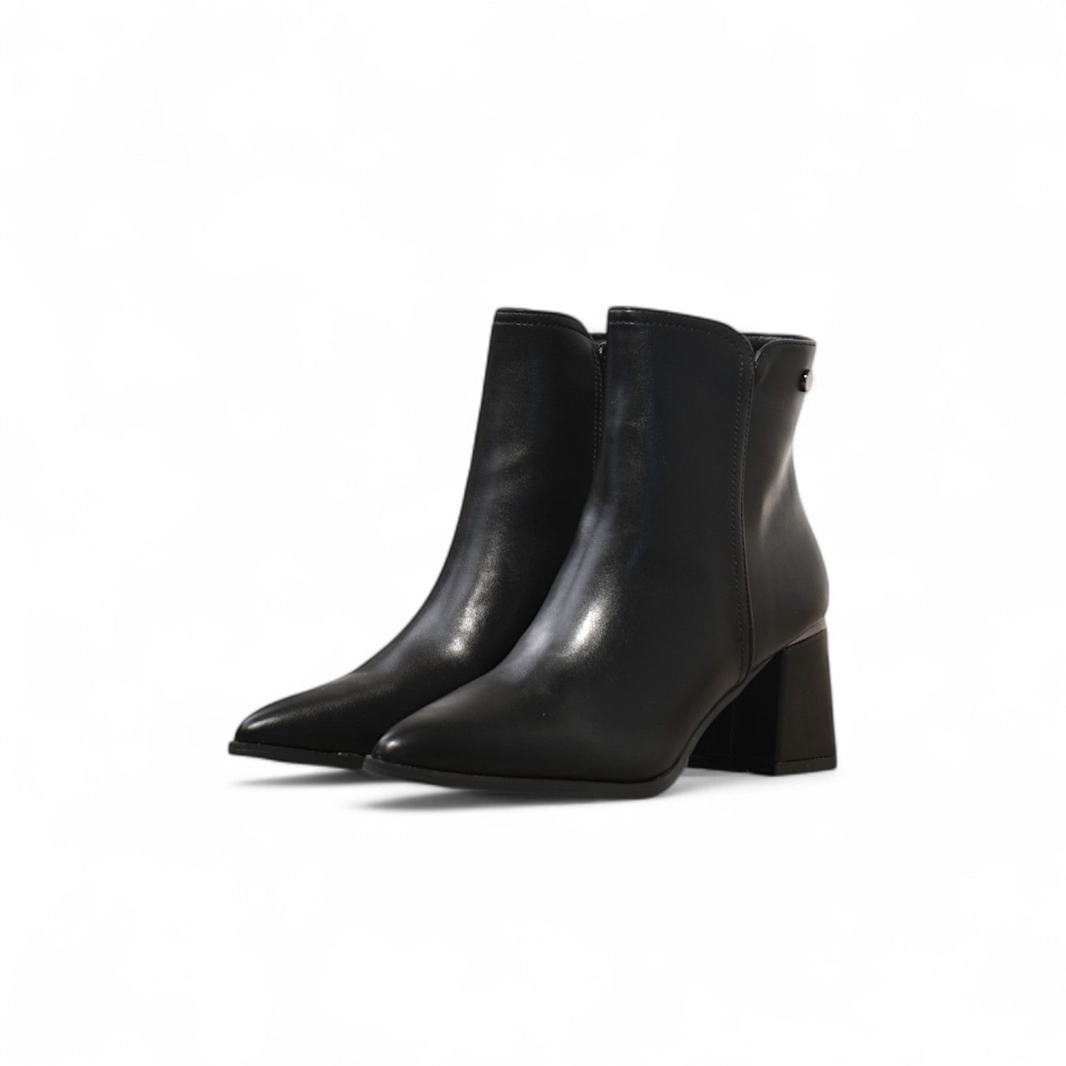 Botines de mujer elegantes punta fina tacón bloque medio cómodos de vestir en polipiel disponibles en negro y vino tinto, perfectos para looks casuales y formales