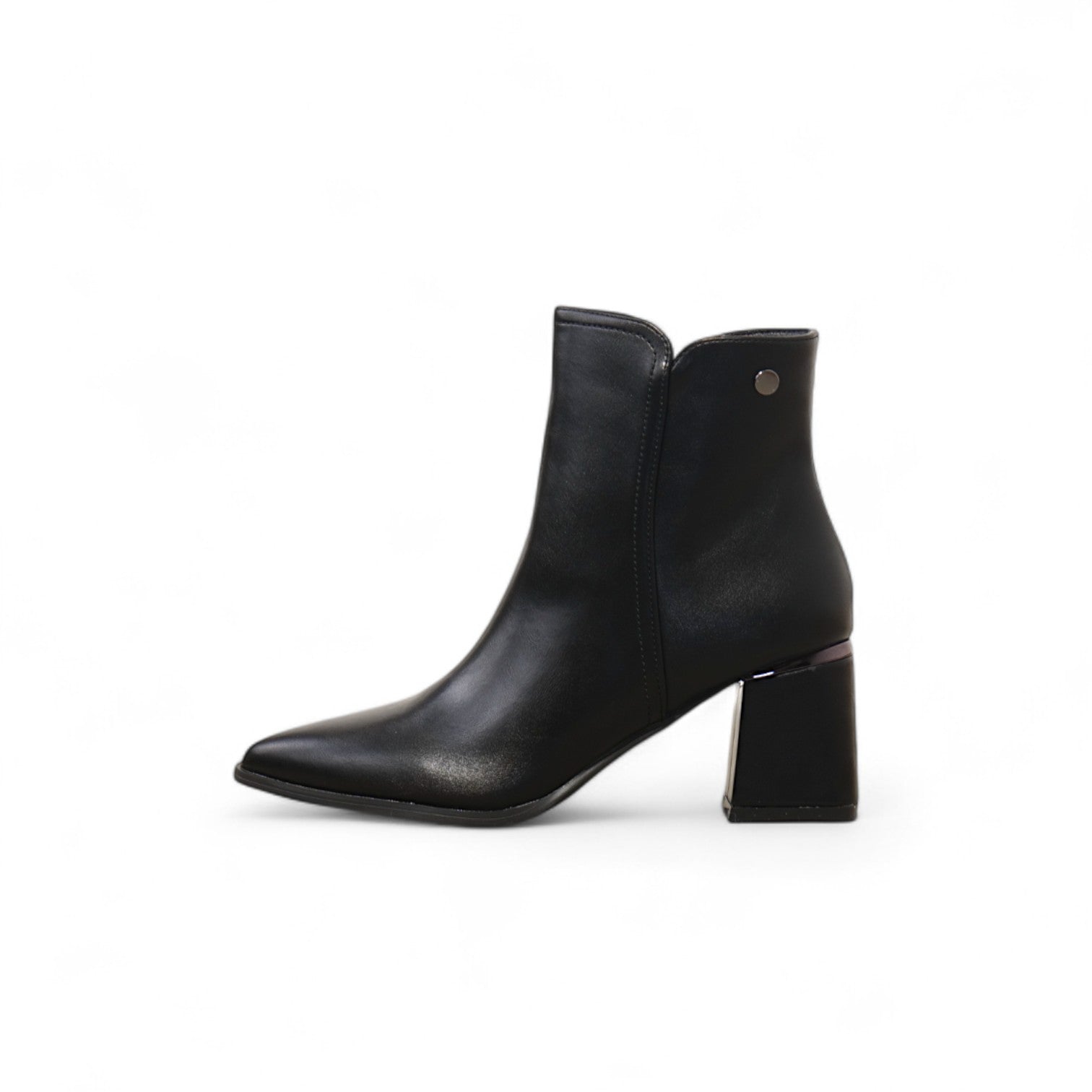 Botines de mujer elegantes punta fina tacón bloque medio cómodos de vestir en polipiel disponibles en negro y vino tinto, perfectos para looks casuales y formales