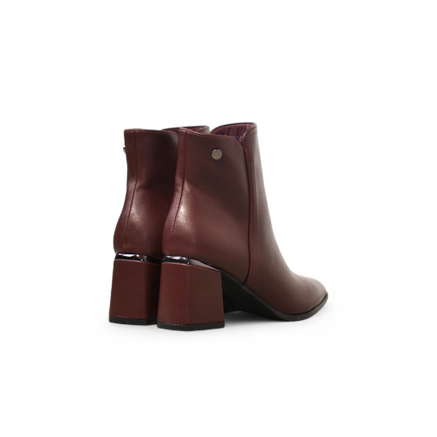 Botines de mujer elegantes punta fina tacón bloque medio cómodos de vestir en polipiel disponibles en negro y vino tinto, perfectos para looks casuales y formales