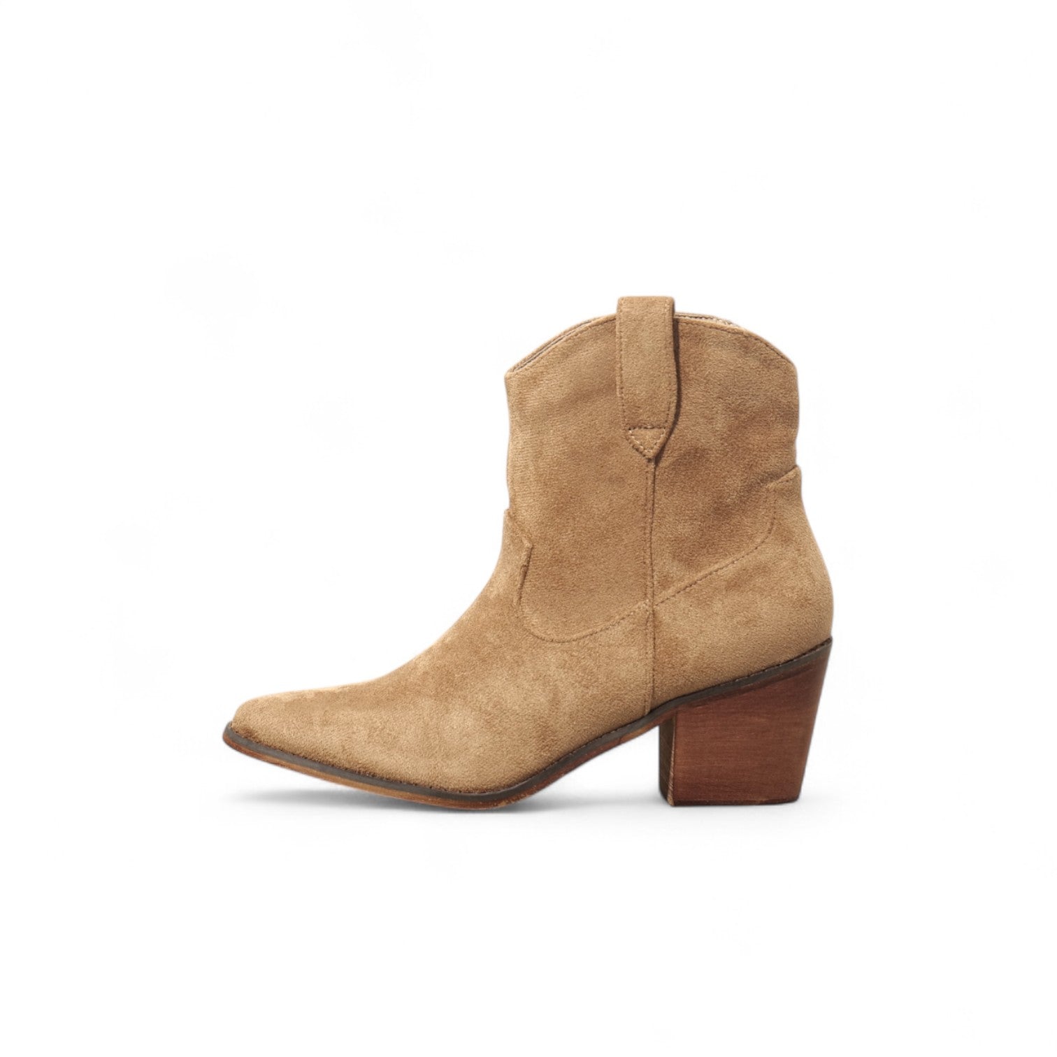 Botines camperos mujer tacón medio punta fina estilo western en gamuza y piel sintética – disponibles en beige, burdeos, marrón y negro