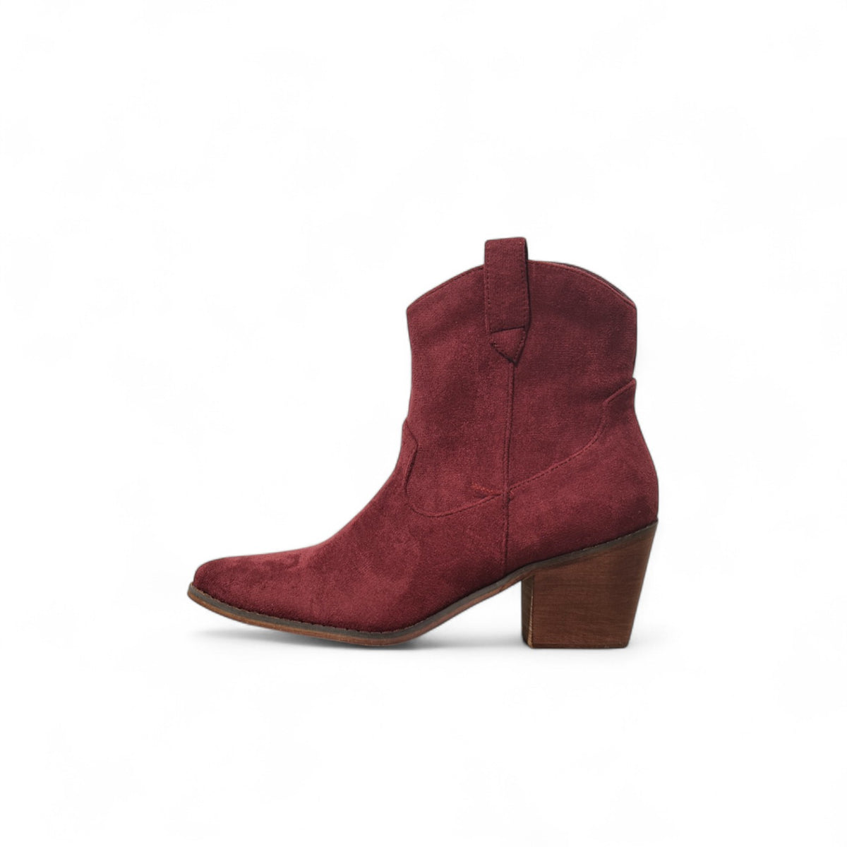 Botines camperos mujer tacón medio punta fina estilo western en gamuza y piel sintética – disponibles en beige, burdeos, marrón y negro