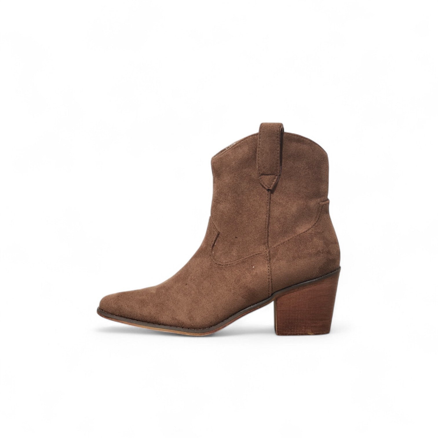 Botines camperos mujer tacón medio punta fina estilo western en gamuza y piel sintética – disponibles en beige, burdeos, marrón y negro