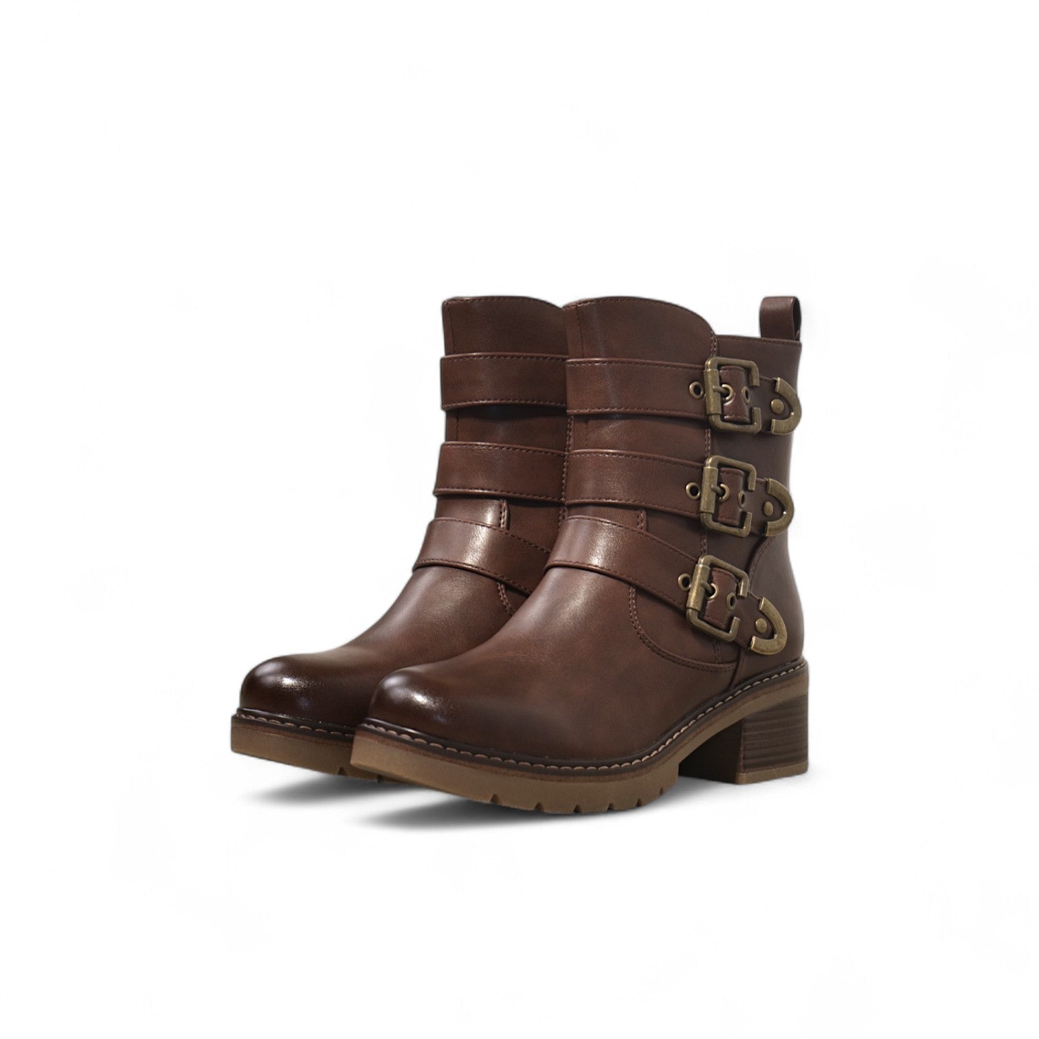 Botines biker de mujer estilo motero con tacón bajo y hebillas metálicas ajustables en polipie