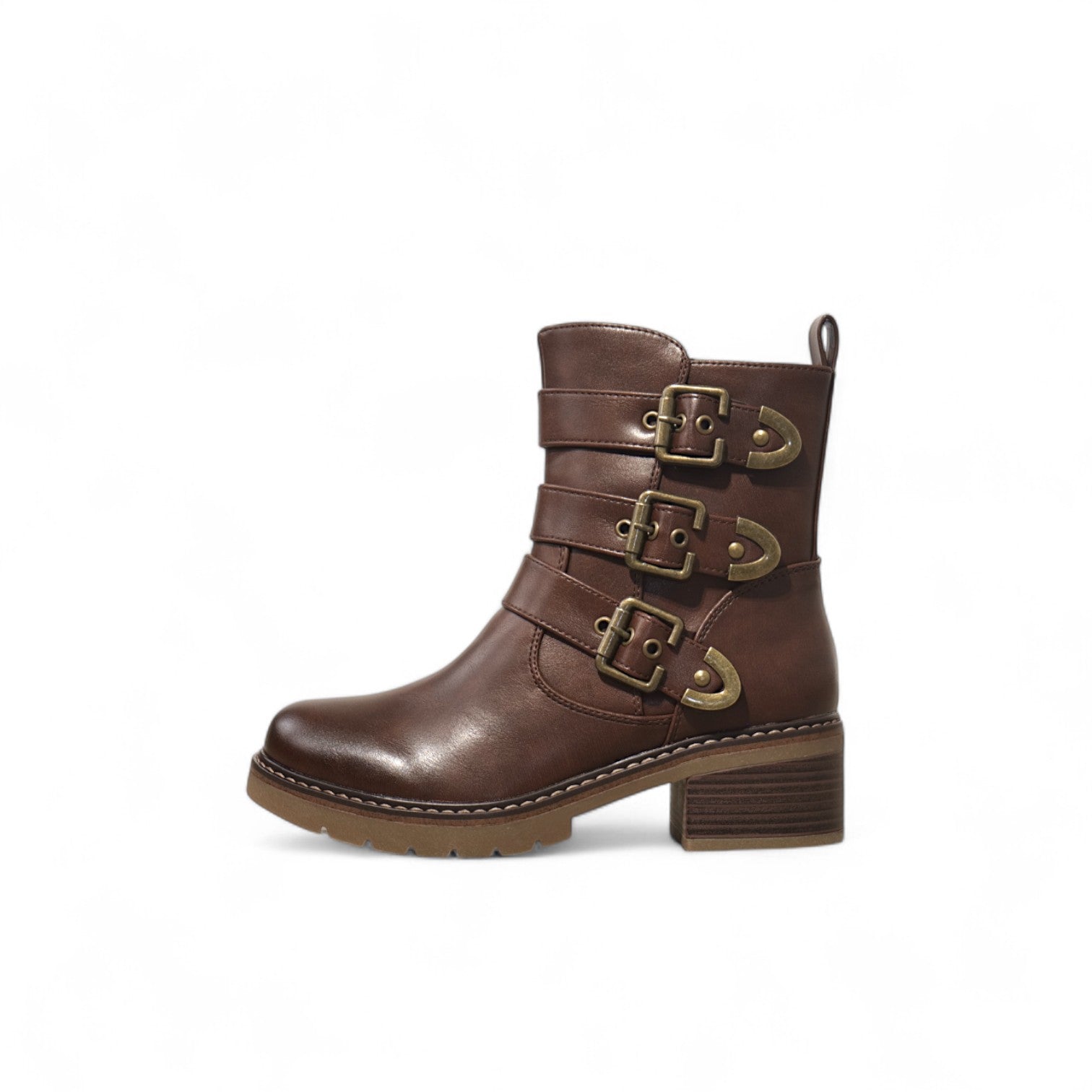 Botines biker de mujer estilo motero con tacón bajo y hebillas metálicas ajustables en polipie